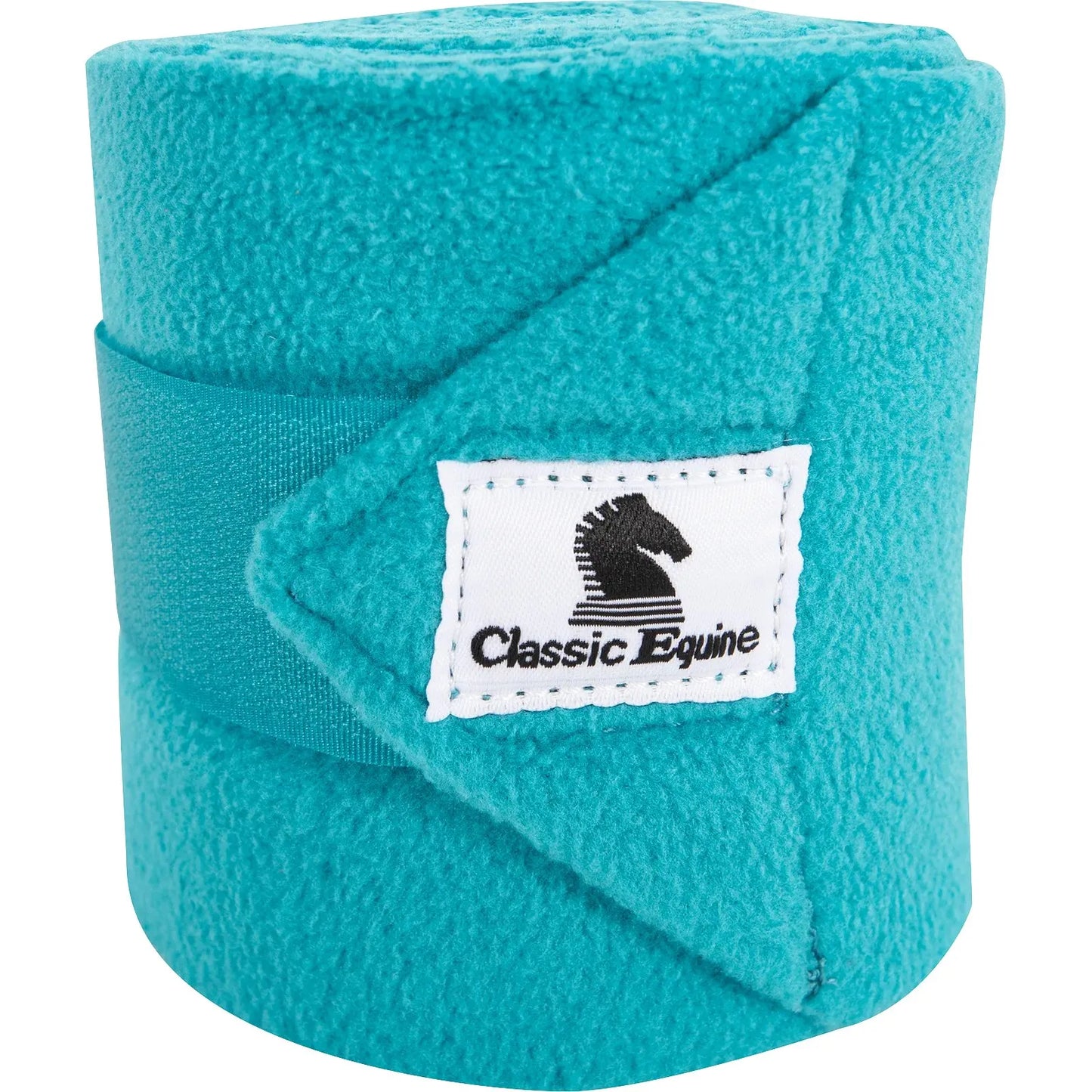 Classic Equine polo wrap in vibrant turquoise blue, crafted from high-quality soft fleece for ultimate horse leg protection. This rolled bandage features a secure hook-and-loop velcro closure and a white logo patch with a horse silhouette. Ideal equestrian gear for providing support and comfort during training, exercise, or turnout. These stylish teal leg wraps are a must-have for any horse owner looking for durable and protective equestrian equipment.