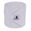 Classic Equine white polo wrap for horses, featuring premium fleece for ultimate leg protection and support. This durable equestrian bandage includes a secure hook-and-loop closure tab with the recognizable black horse head logo on a white patch. Designed for comfort and stability, these wraps are essential horse tack for preventing injuries during training, exercise, or shipping. A high-quality, professional choice for horse care and equine performance.