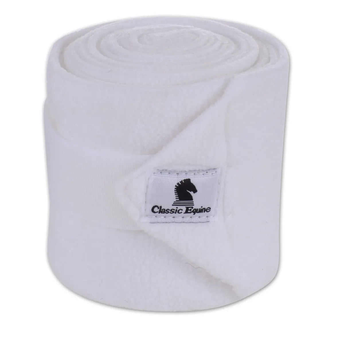 Classic Equine white polo wrap for horses, featuring premium fleece for ultimate leg protection and support. This durable equestrian bandage includes a secure hook-and-loop closure tab with the recognizable black horse head logo on a white patch. Designed for comfort and stability, these wraps are essential horse tack for preventing injuries during training, exercise, or shipping. A high-quality, professional choice for horse care and equine performance.