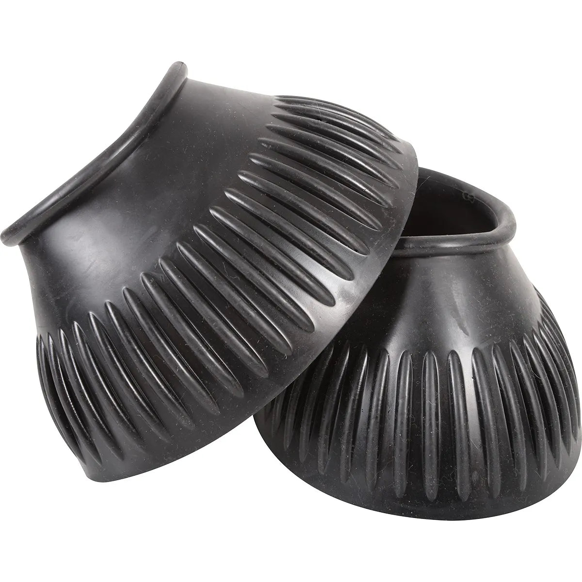 Classic Equine Rubber Pull-On Bell Boots in black, offering durable hoof protection for horses. These ribbed rubber boots feature a seamless pull-on design with a rolled top edge to prevent chafing. Ideal equestrian gear for protecting against overreach injuries during turnout or performance. High-quality black rubber construction makes these essential horse boots a reliable choice for any rider looking for dependable, long-lasting horse tack.