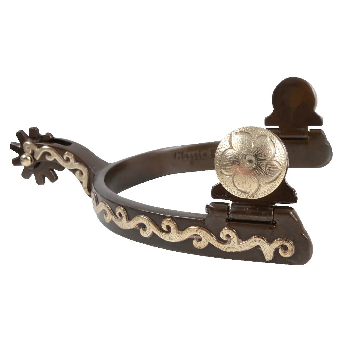 Classic Equine Scroll 12pt Youth Spurs featuring a rich brown finish with elegant gold scrollwork inlays. These western spurs include a 12-point rowel and a large, decorative flower-engraved button. Specifically designed for youth roping and barrel racing, this durable equestrian gear combines high-performance functionality with ornate western styling for young riders.
