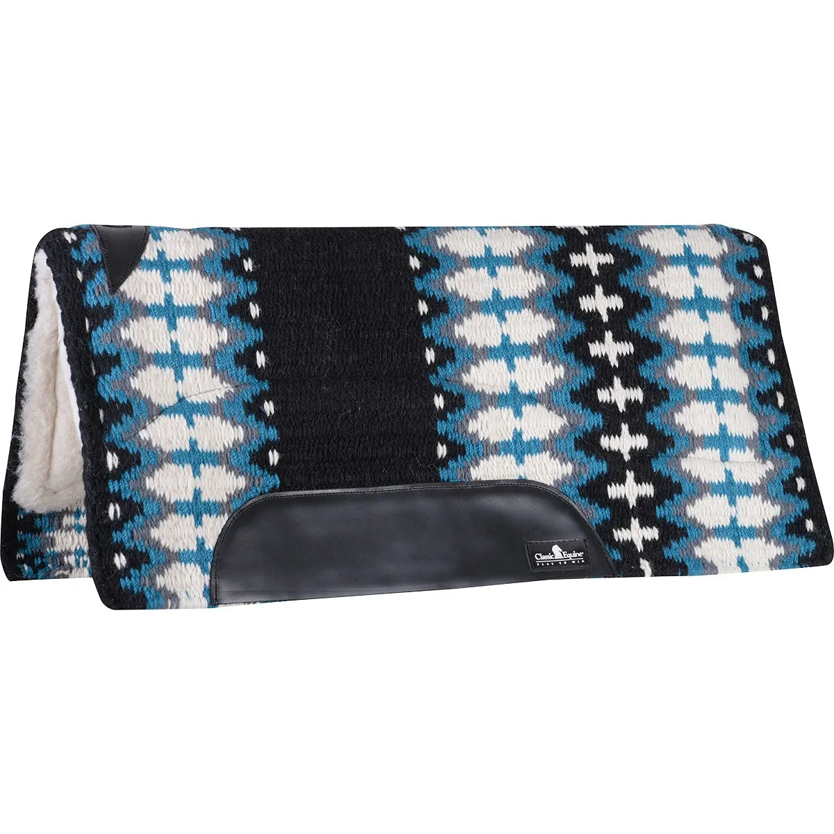 Classic Equine SensorFlex 1-inch Merino Wool Blanket Pad featuring a vibrant teal, blue, grey, and black southwestern pattern. This performance western saddle pad is designed with durable black leather wear leathers and a soft, breathable Merino wool underside for maximum horse comfort. A stylish and functional choice for equestrian sports, western pleasure, and trail riding, providing essential shock absorption and a contoured fit for your horse.