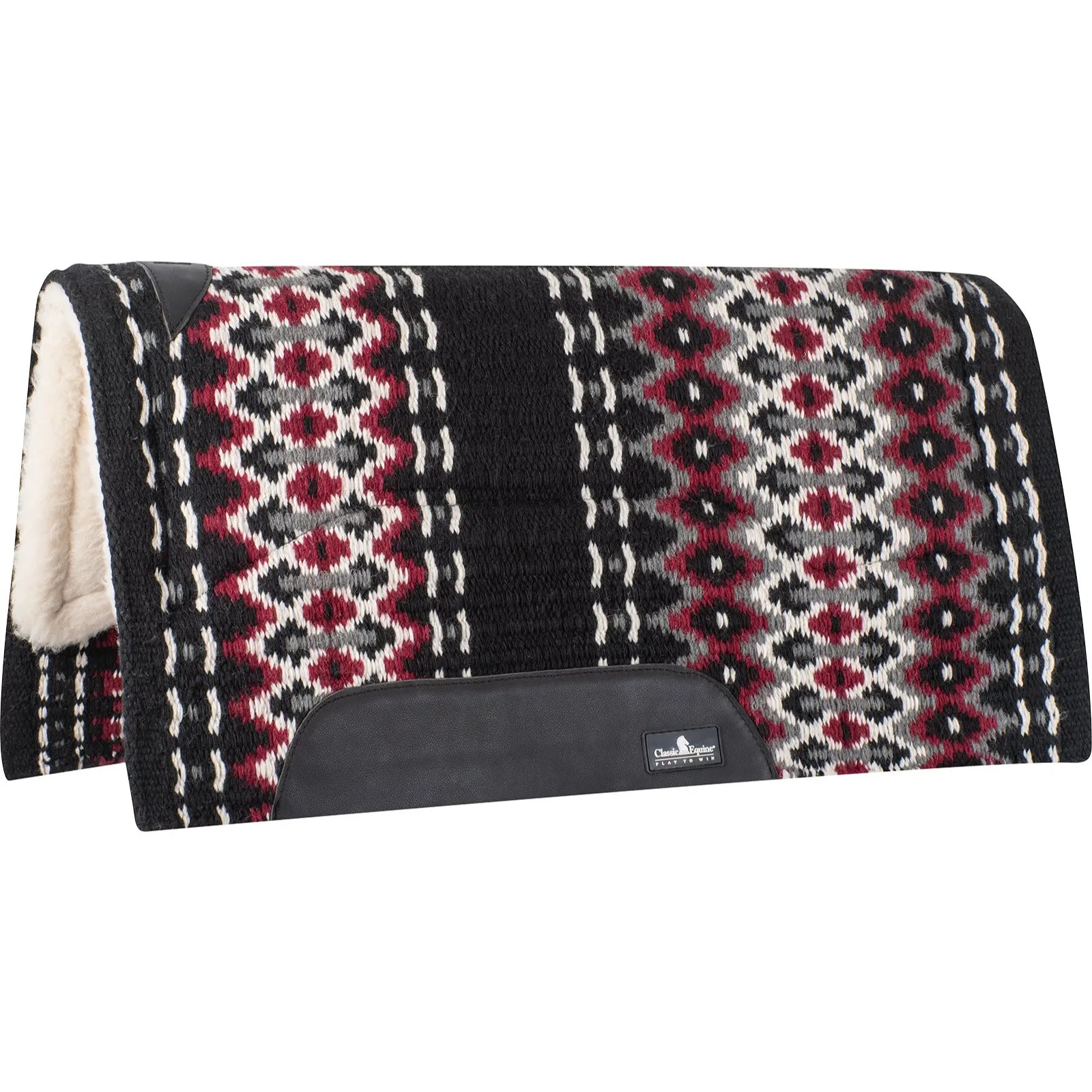 Classic Equine SensorFlex 1-inch Merino Wool Blanket Pad featuring a stylish geometric diamond pattern in black, burgundy, grey, and white. This premium western saddle pad includes high-quality black leather wear leathers and a thick, plush Merino wool fleece lining for superior moisture-wicking and shock absorption. Designed for ultimate horse comfort and performance, it’s a perfect choice for ranch work, trail riding, or western competition.