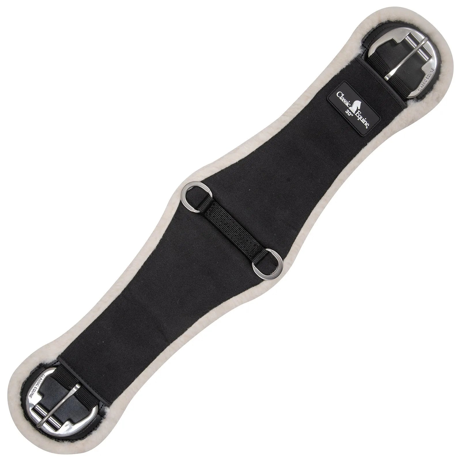 Classic Equine Sensorflex Fleece Roper Black Cinch Girth featuring a wide center for pressure distribution and plush cream fleece lining for maximum horse comfort. This 30" western girth includes heavy-duty stainless steel roller buckles and center D-rings for easy equipment attachment. Durable black nylon construction makes it perfect for roping, trail riding, and daily use. A high-performance tack essential for any western saddle setup.