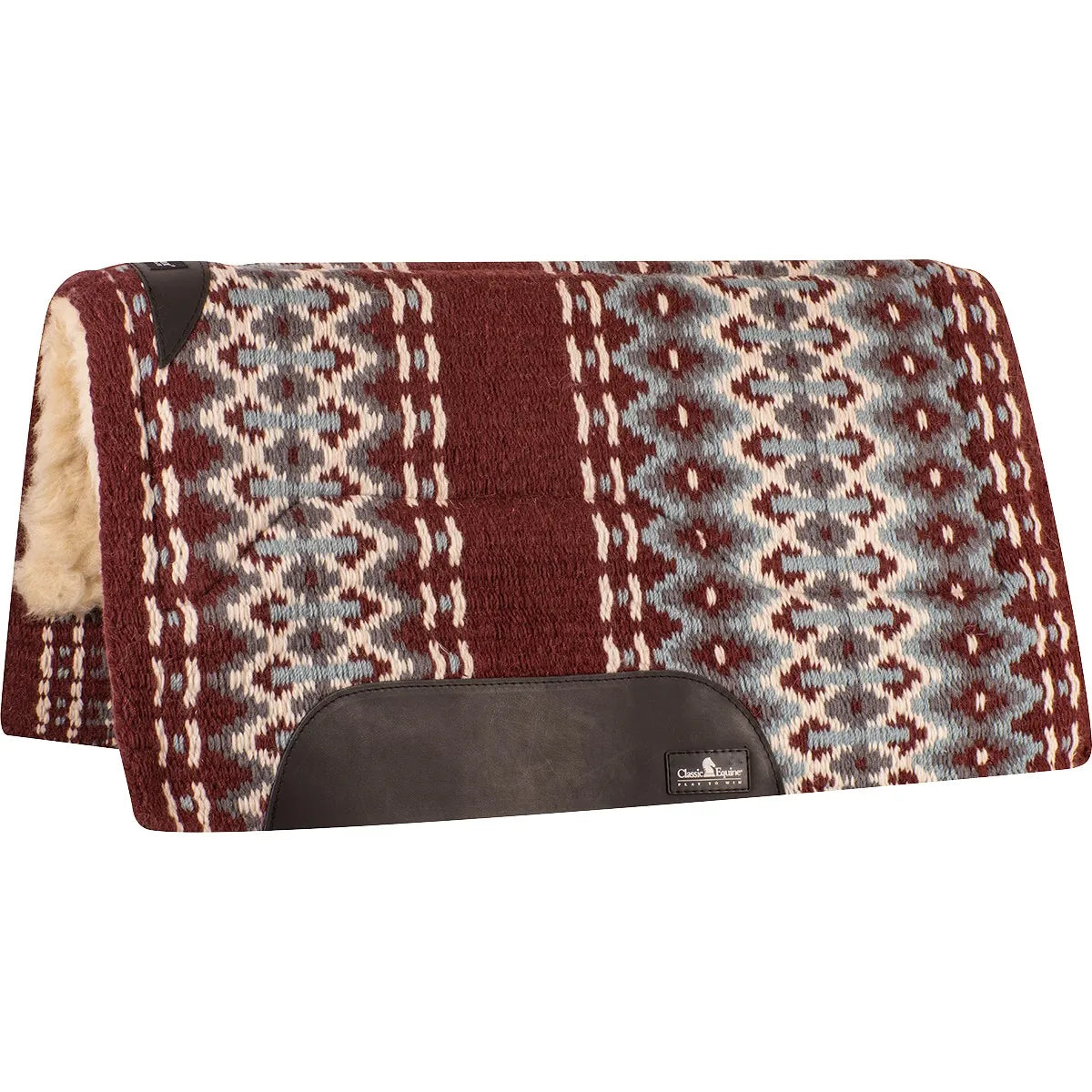 Classic Equine Sensorflex Wool Saddle Pad featuring a geometric pattern in maroon, cream, and slate blue. This premium western saddle pad includes durable black leather wear leathers and a plush fleece lining for ultimate horse comfort. Designed for performance, this high-quality horse tack offers superior shock absorption and a contoured fit for trail riding or ranch work. Stylish and durable western riding gear for any equestrian.