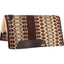 Classic Equine Sensorflex Wool Saddle Pad featuring a stylish brown, tan, and light blue geometric Navajo pattern. This high-performance Western saddle pad includes a plush, moisture-wicking sheepskin lining for horse comfort and durable dark leather wear leathers. Designed for superior shock absorption, it’s a top choice for riders seeking quality equestrian gear for performance, trail riding, or daily training.
