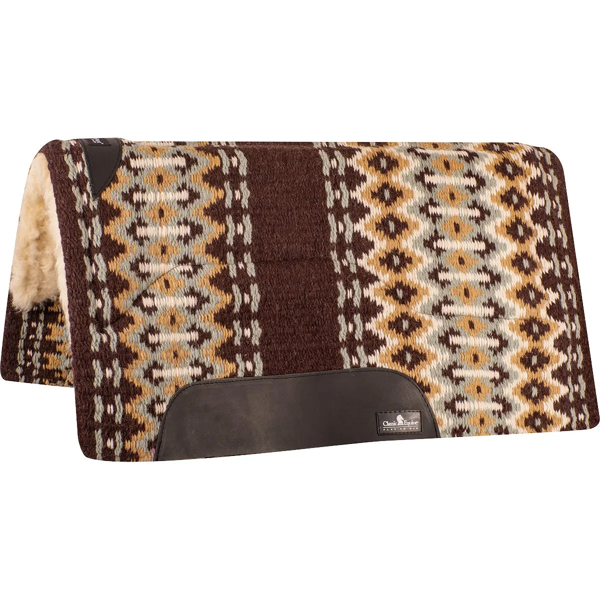 Classic Equine Sensorflex Wool Saddle Pad featuring a stylish brown, tan, and light blue geometric Navajo pattern. This high-performance Western saddle pad includes a plush, moisture-wicking sheepskin lining for horse comfort and durable dark leather wear leathers. Designed for superior shock absorption, it’s a top choice for riders seeking quality equestrian gear for performance, trail riding, or daily training.