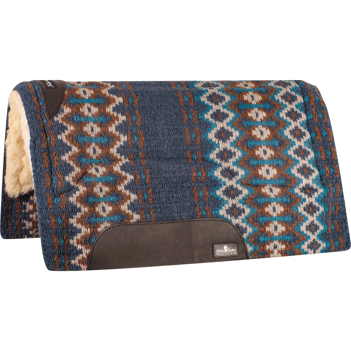 Classic Equine Sensorflex Wool Saddle Pad featuring a navy blue Southwestern geometric pattern with turquoise, tan, and white accents. This premium western saddle pad is built for ultimate comfort, featuring a thick, shock-absorbing cream fleece lining and durable dark brown leather wear leathers. Ideal for performance or trail riding, this high-quality wool pad combines classic western style with long-lasting durability for your horse.
