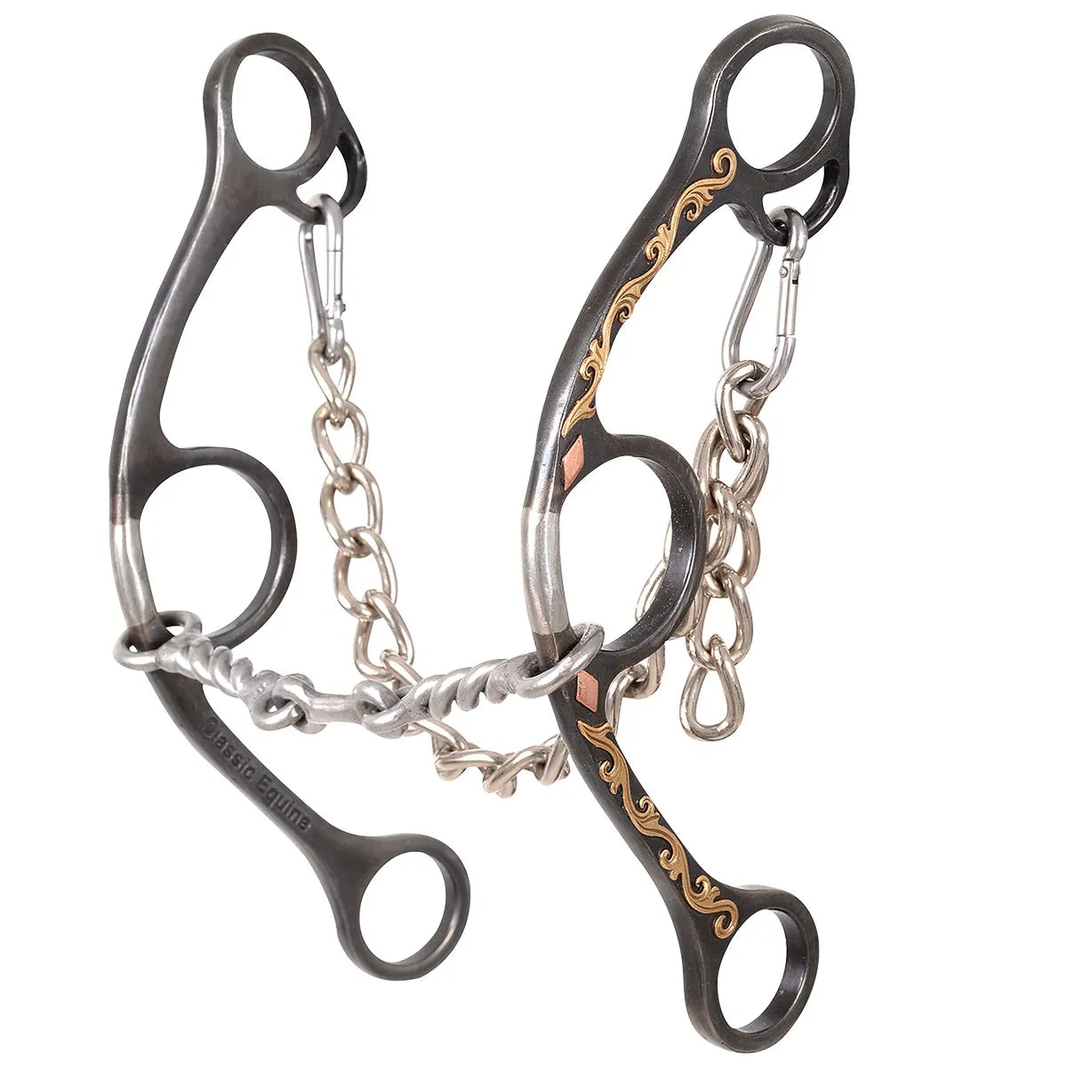 Classic Equine Sherry Cervi Barrel Racing Bit featuring dark steel shanks with elegant gold scrollwork. This high-performance horse bit includes a silver twisted wire mouthpiece and an adjustable curb chain for precise control. Perfect for barrel racing and speed events, this signature equestrian tack is designed to help you dominate the arena with style and precision.