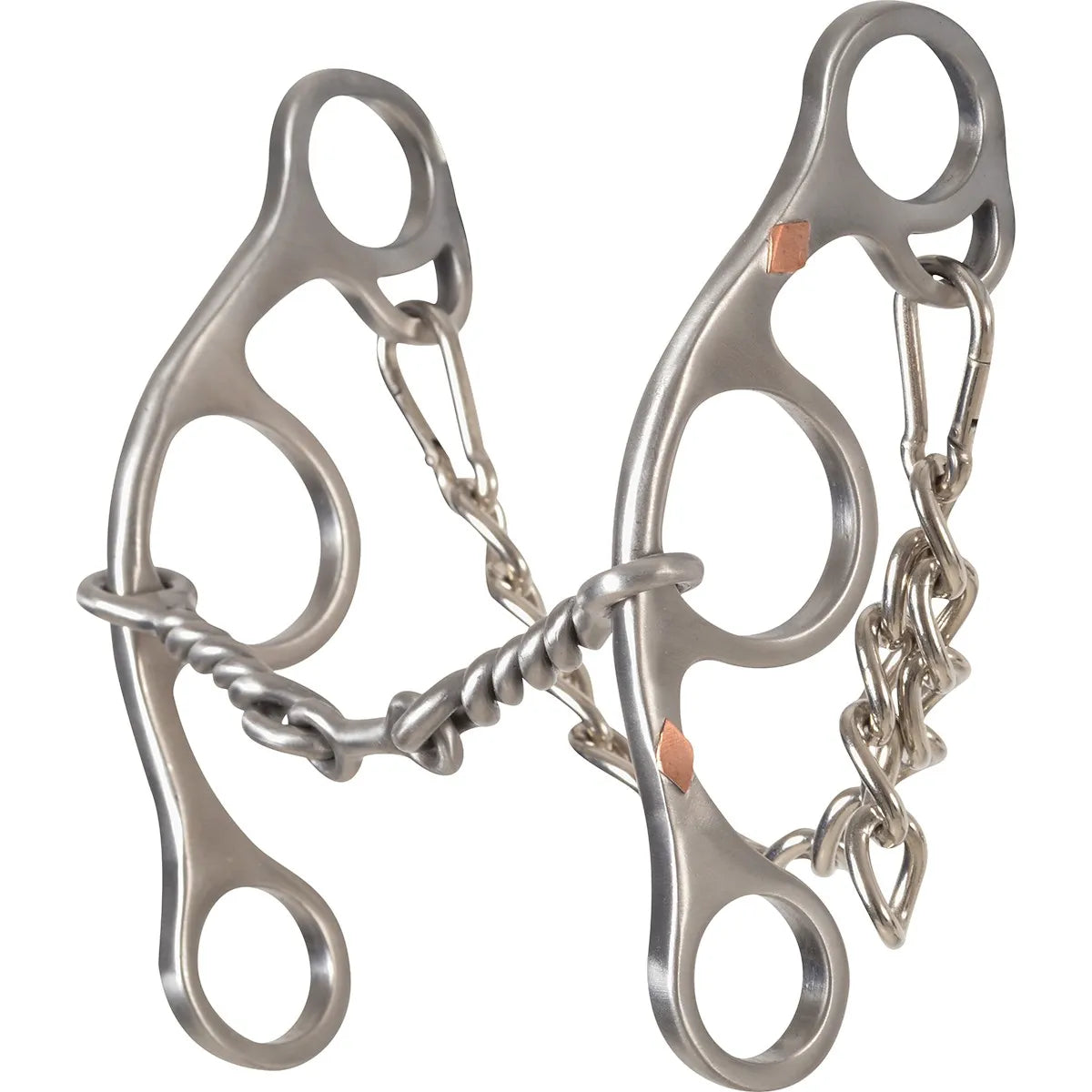 Classic Equine Sherry Cervi Gag Bit featuring a durable stainless steel construction with a twisted wire mouthpiece for precision control. This western horse bit includes long shanks with multiple rein loops for adjustable leverage and a pre-attached curb chain. Elegant copper diamond inlays on the cheeks promote salivation and comfort. Perfect for barrel racing and performance training, offering a balance of responsiveness and control for horse and rider.