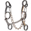 Classic Equine Sherry Cervi Gag Bit for barrel racing, featuring elegant gold-engraved dark steel shanks and a responsive twisted wire mouthpiece. This professional horse bit offers sliding gag action for superior lift and collection, complete with a stainless steel curb chain. A must-have piece of Western horse tack for competitive riders looking to enhance performance and precision in the arena.
