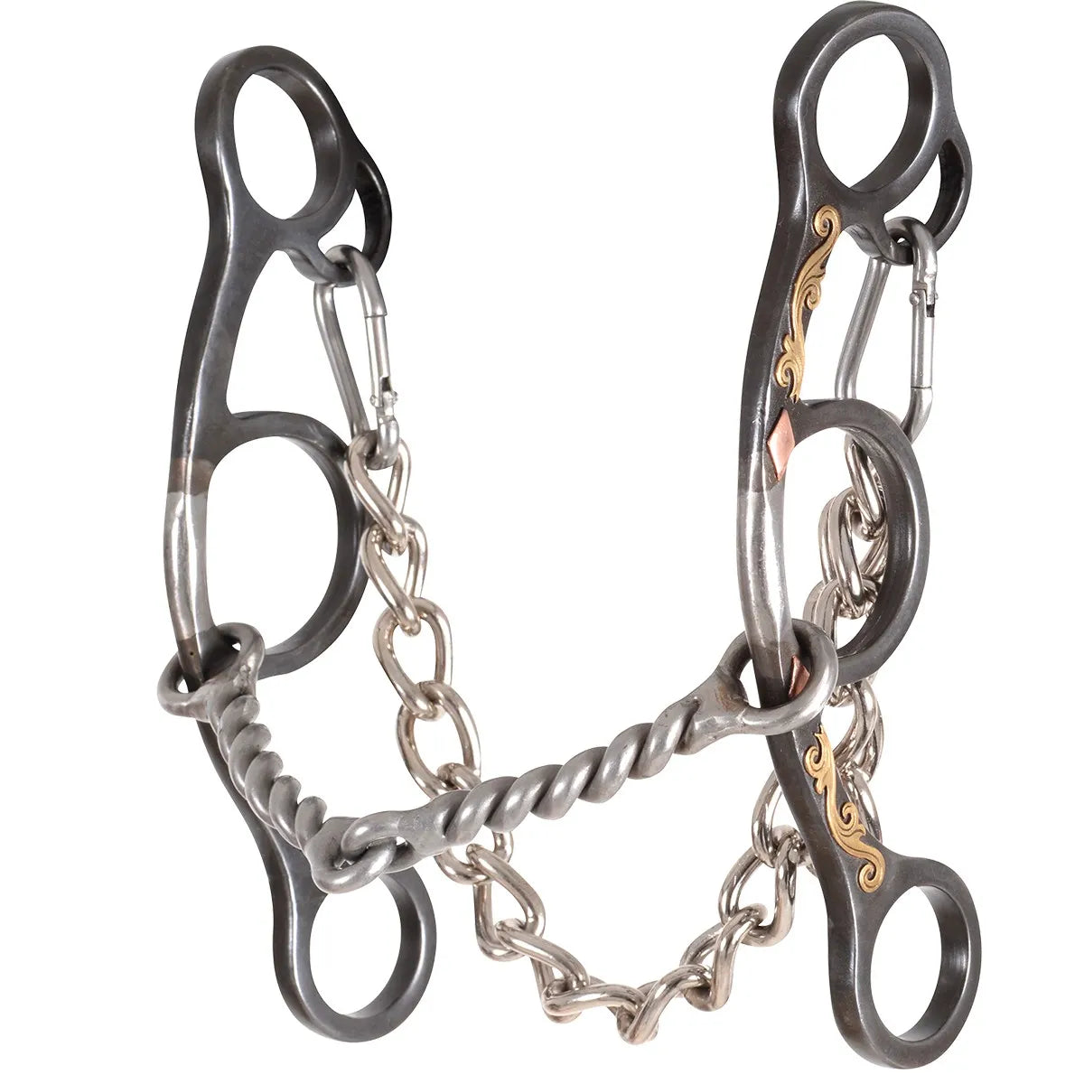 Classic Equine Sherry Cervi Gag Bit for barrel racing, featuring elegant gold-engraved dark steel shanks and a responsive twisted wire mouthpiece. This professional horse bit offers sliding gag action for superior lift and collection, complete with a stainless steel curb chain. A must-have piece of Western horse tack for competitive riders looking to enhance performance and precision in the arena.