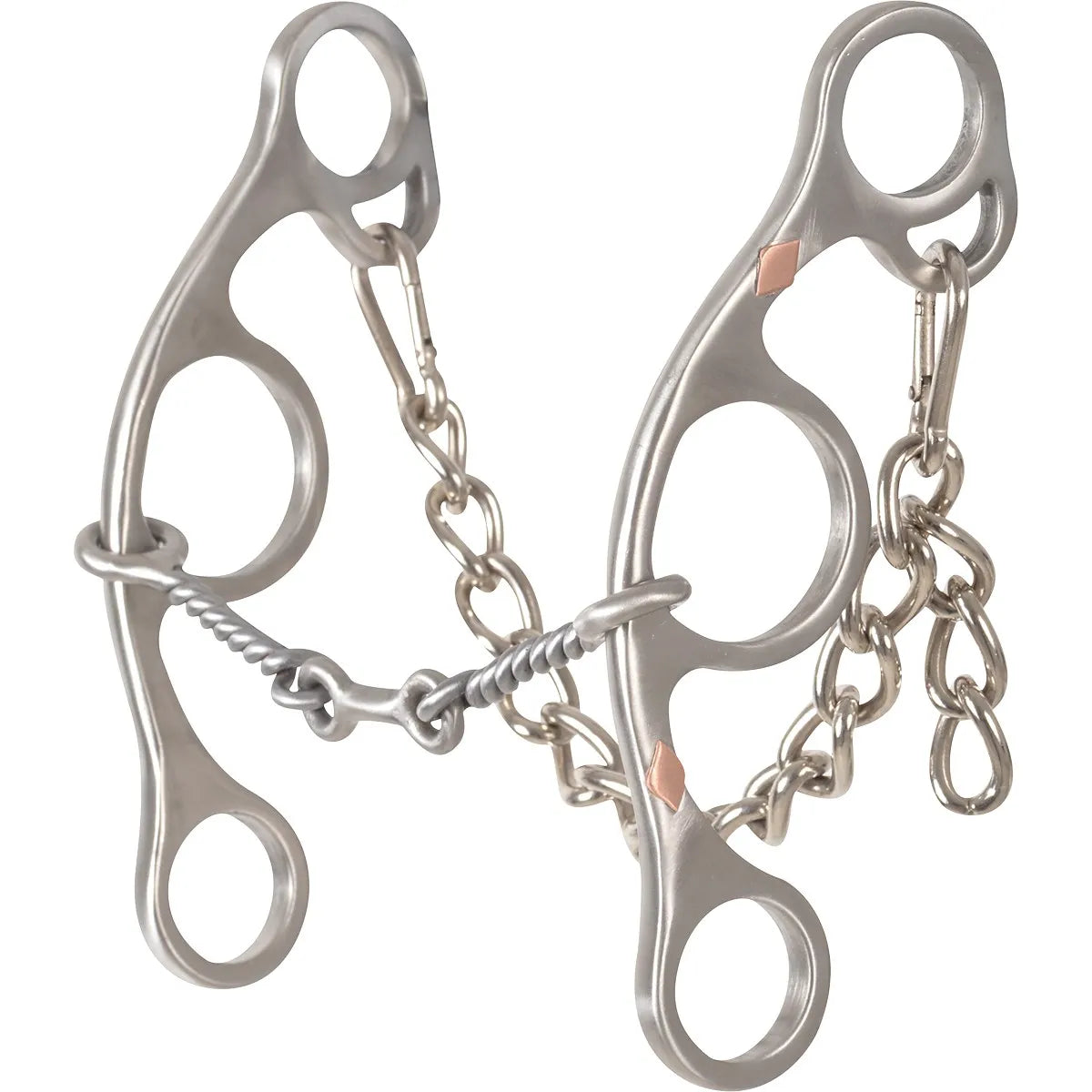 Classic Equine Sherry Cervi Gag Bit featuring a twisted wire mouthpiece and polished stainless steel three-ring gag cheeks with rose gold diamond accents. This performance horse bit provides gentle control and includes a curb chain for refined communication. Ideal for barrel racing and western training, this durable equestrian tack combines functionality with a stylish design for maximum horse comfort and rider precision.