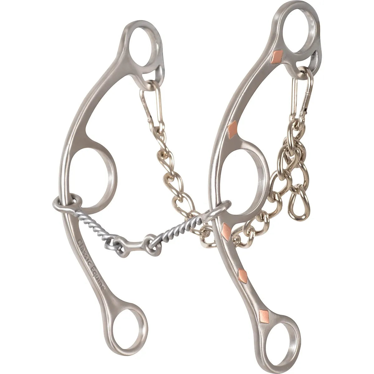Classic Equine Sherry Cervi Diamond Long Shank Gag Bit featuring a silver finish with copper diamond inlays. This horse bit has a three-piece twisted wire mouthpiece with a smooth center link for gentle control and comfort. Complete with a curb chain, this western tack is designed for poll pressure and lift, making it an ideal choice for barrel racing and performance horses.