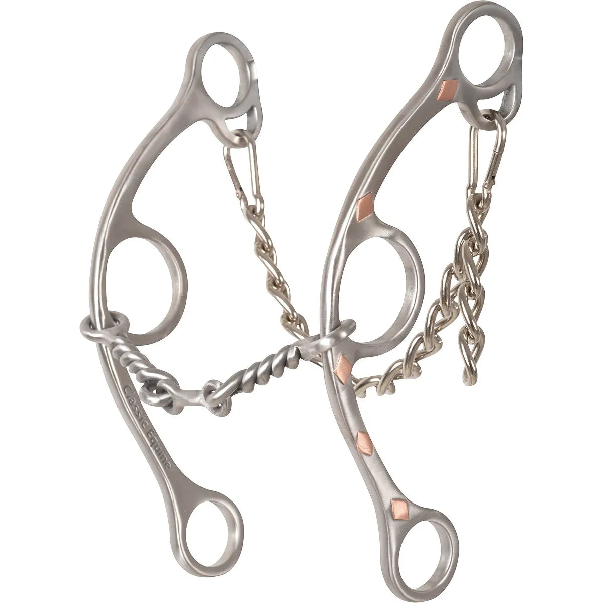 Classic Equine Sherry Cervi Long Shank Gag Bit, a premium piece of horse tack designed for precision and control. It features a silver-toned finish with elegant copper diamond inlays on the shanks and a twisted wire mouthpiece. This gag bit includes a curb chain with lobster claw clips, making it ideal for barrel racing and performance training where subtle communication and refined responsiveness are key.