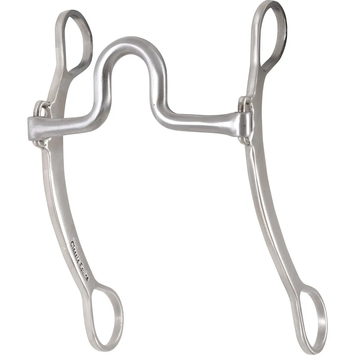 Classic Equine Shoulder Holder Bit, a professional stainless steel western shank bit for barrel racing. Features a medium-high port mouthpiece designed to help lift the horse's shoulder for better control and tighter turns. This durable silver-finish bit includes swiveling shanks, top headstall loops, and bottom rein loops. High-performance horse tack for improving precision and communication in the arena.