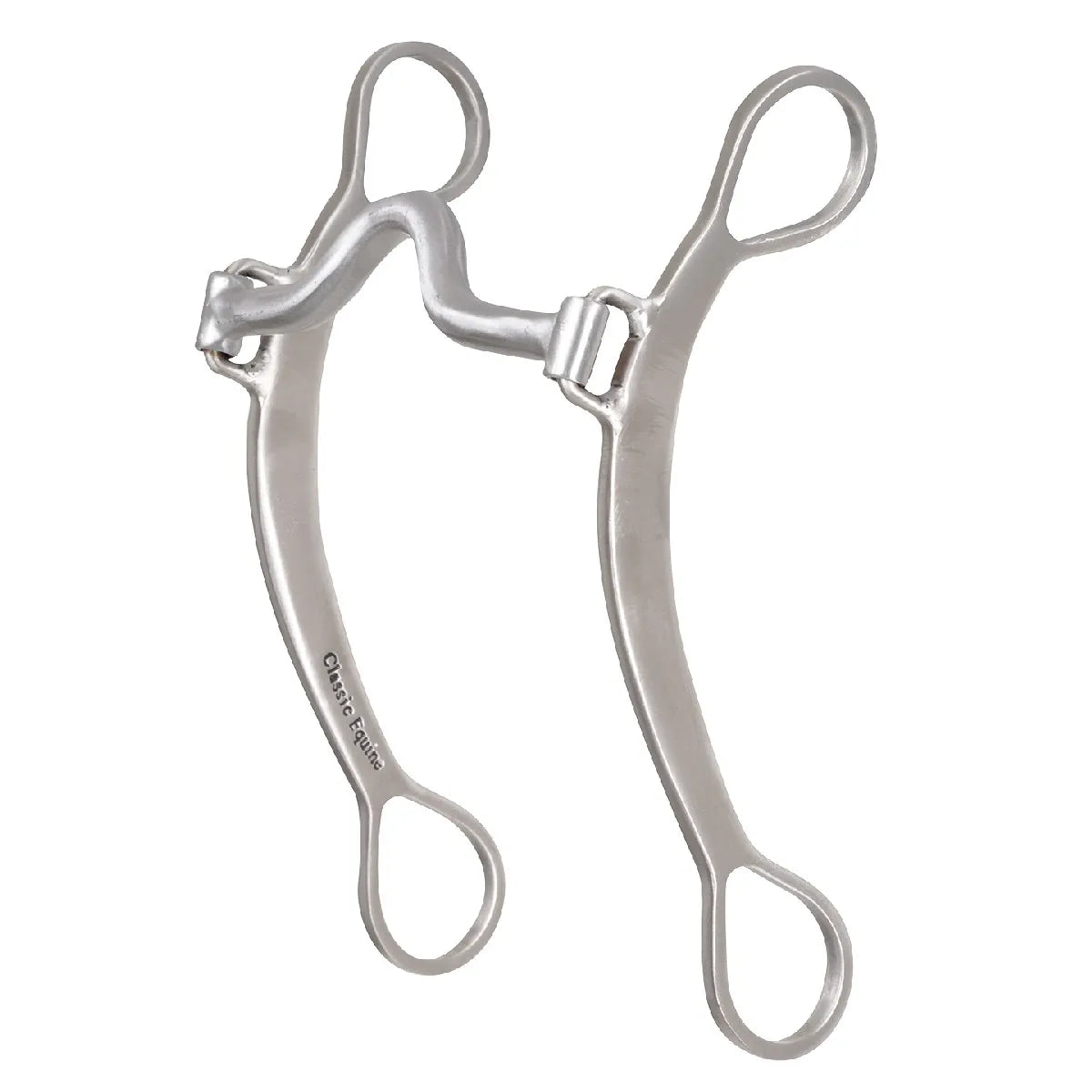Classic Equine Shoulder Holder Bit featuring a 5-inch low port mouthpiece and polished stainless steel finish. This high-performance barrel racing bit is designed to improve horse body position and shoulder control with long, curved shanks and teardrop rein loops. The side shank is engraved with the Classic Equine logo, making it a stylish and functional choice for Western competition and refined communication between rider and horse.