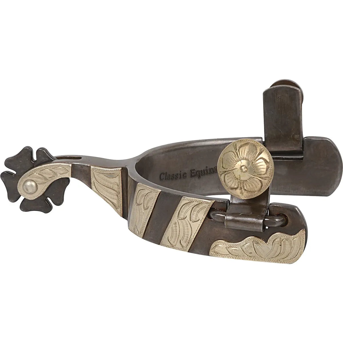Classic Equine Silver Clover Spurs featuring a dark blued steel band with intricate silver engraved overlays and a large decorative floral button. These performance western riding spurs include a unique five-point clover-shaped rowel and "Classic Equine" branding on the interior. Elegant and durable equestrian gear designed for cowboy style, precision, and performance in the arena or on the ranch.