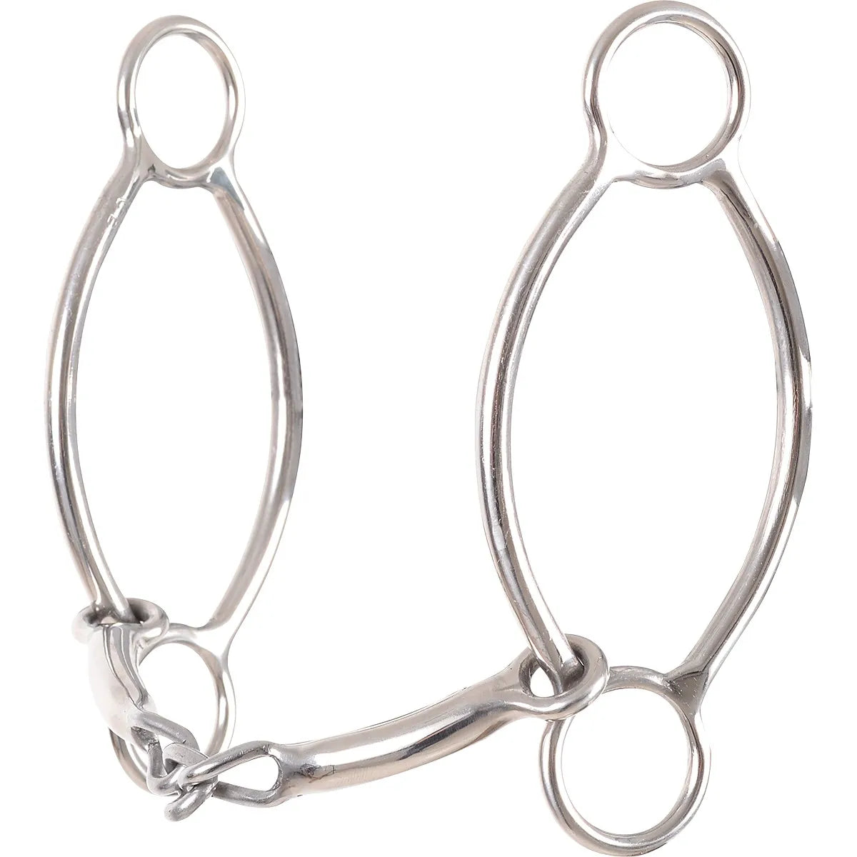 Classic Equine Simplicity Bit in polished stainless steel, ideal for horse training and barrel racing. This gentle control bit features a three-piece jointed mouthpiece to enhance communication and comfort. Large oval cheek rings with dedicated rein and headstall loops provide mild leverage and balance. High-quality equestrian equipment perfect for western riders seeking a subtle feel and effective response from their performance horse.