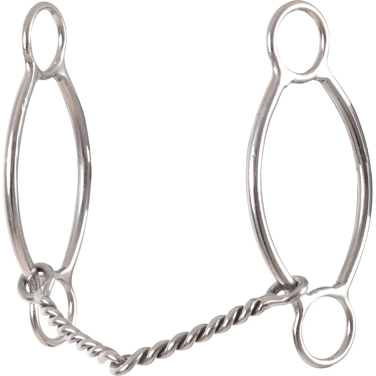 Classic Equine Simplicity II Twisted Wire Snaffle Bit in polished stainless steel. This performance horse bit features a single-jointed twisted wire mouthpiece for enhanced control and responsiveness. The unique simplicity cheek design promotes lateral flexion and a soft feel. A must-have for western training, barrel racing, and performance riding. Sleek, professional silver horse tack designed for clear communication between horse and rider.
