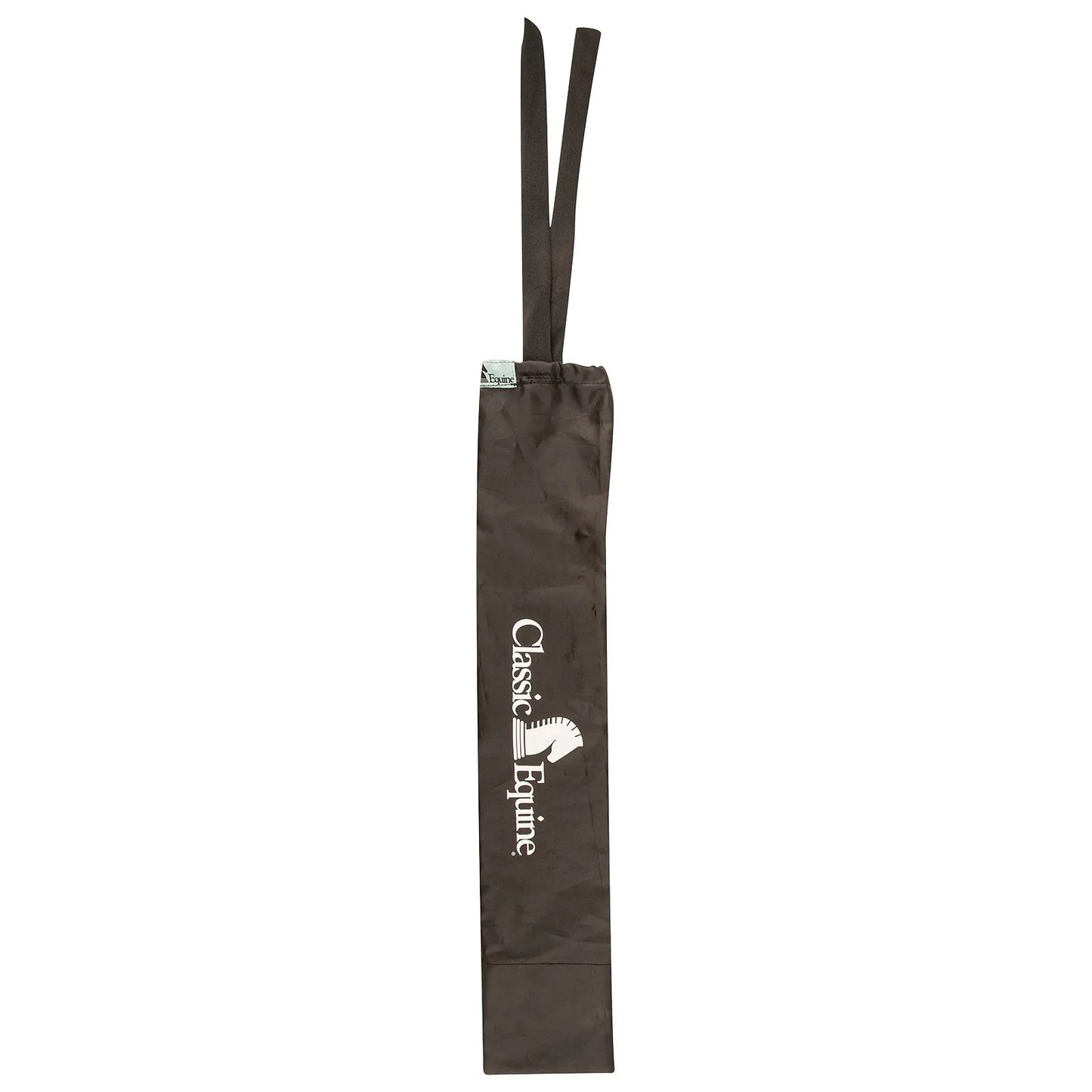 Classic Equine Slick Tail Bag in dark brown fabric, designed for horse tail protection and hair growth. Features a slender, smooth design with two tie-straps at the top for easy, secure fastening. The white Classic Equine logo with a horse head icon is printed vertically on the front. An essential equestrian grooming accessory to prevent breakage and keep tails clean and tangle-free for horse shows or daily turnout.