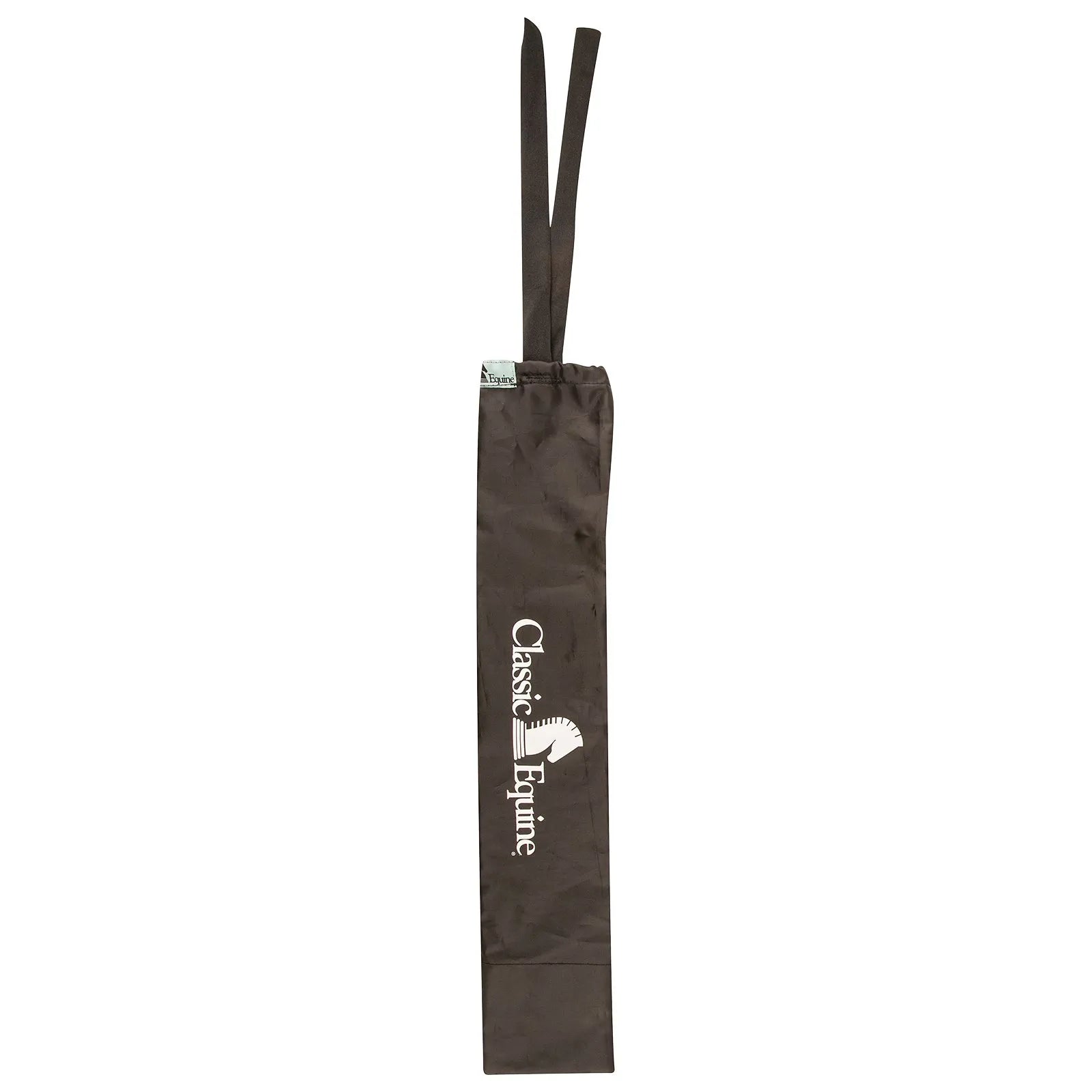 Classic Equine Slick Tail Bag in dark brown fabric, designed for horse tail protection and hair growth. Features a slender, smooth design with two tie-straps at the top for easy, secure fastening. The white Classic Equine logo with a horse head icon is printed vertically on the front. An essential equestrian grooming accessory to prevent breakage and keep tails clean and tangle-free for horse shows or daily turnout.