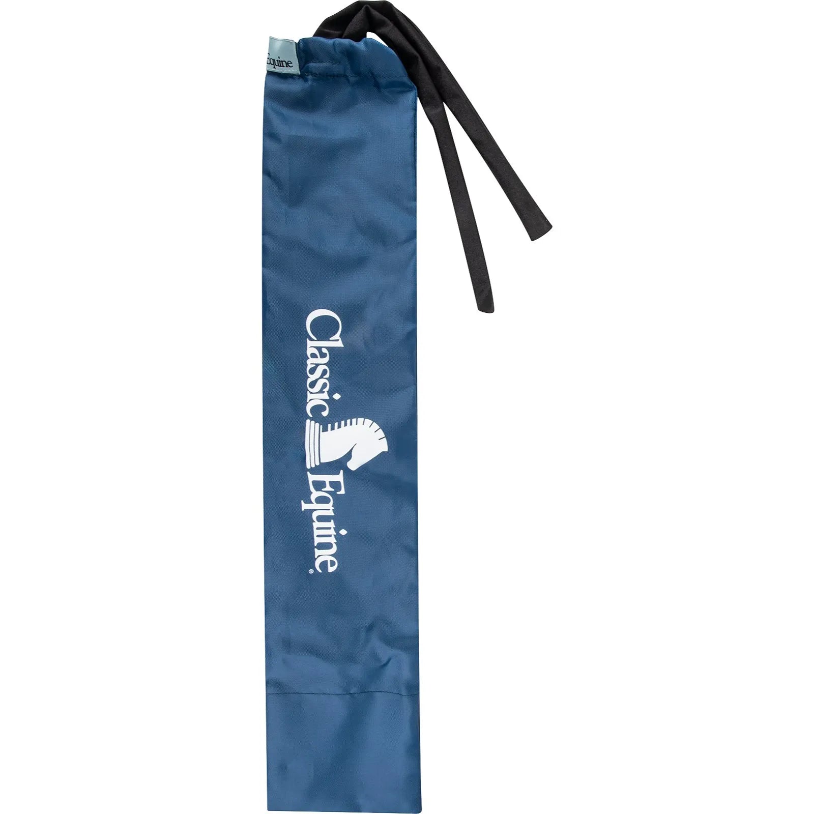 Classic Equine Slick Tail Bag in deep navy blue, featuring a white logo and horse head emblem. Designed for ultimate horse tail protection, this long, sleek bag keeps hair clean, tangle-free, and prevents breakage during travel or turnout. Durable material with black tie-straps for a secure fit. A must-have grooming essential for show horses and equestrian enthusiasts looking to maintain a healthy, full tail.