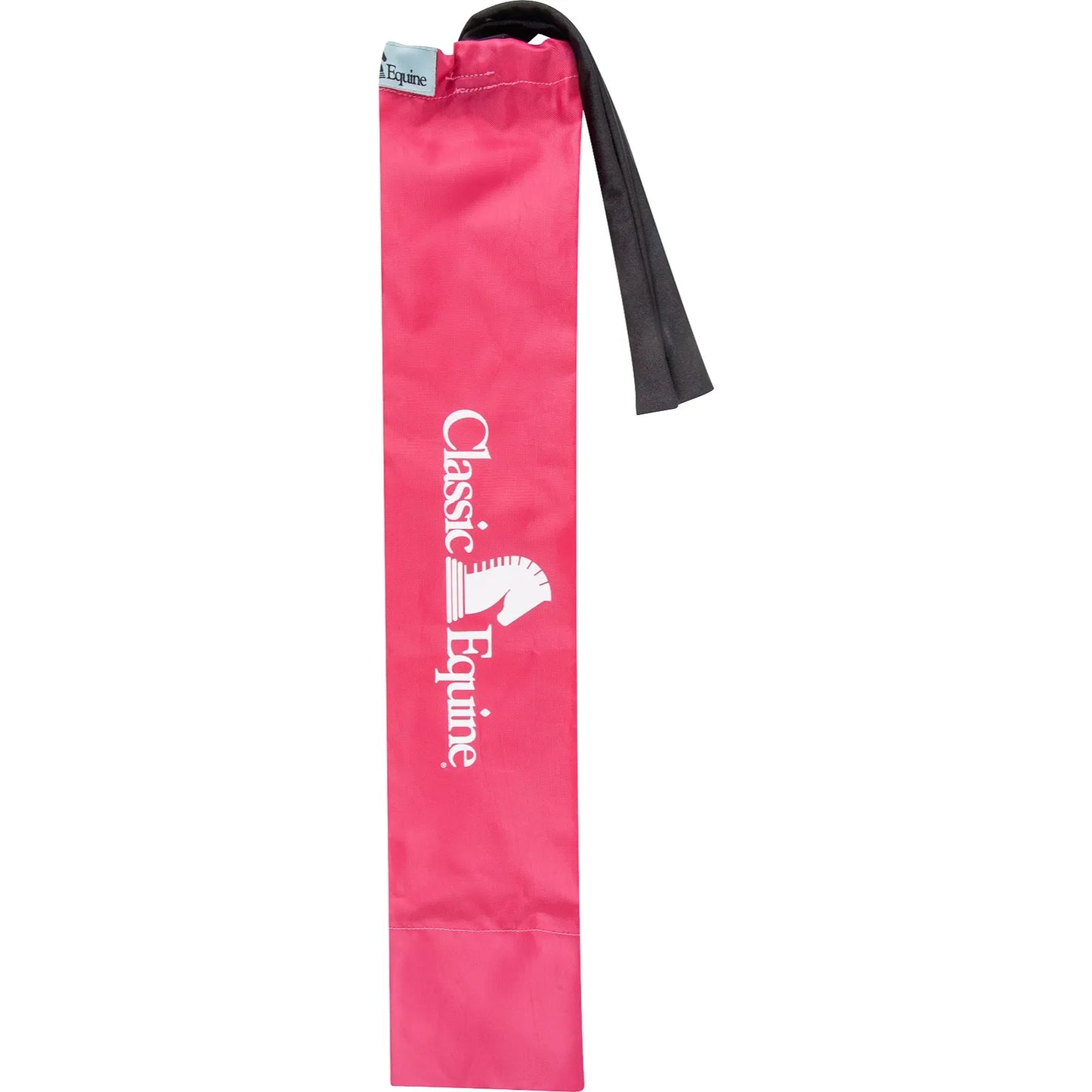 Classic Equine Slick Tail Bag in bright pink, designed for ultimate horse tail protection. This long, durable nylon bag features a white Classic Equine logo with a horse head emblem and a black tie-closure at the top. Perfect for keeping your horse’s tail clean, healthy, and tangle-free for shows or daily grooming. A must-have equestrian accessory for any horse owner looking to maintain a long, beautiful tail.