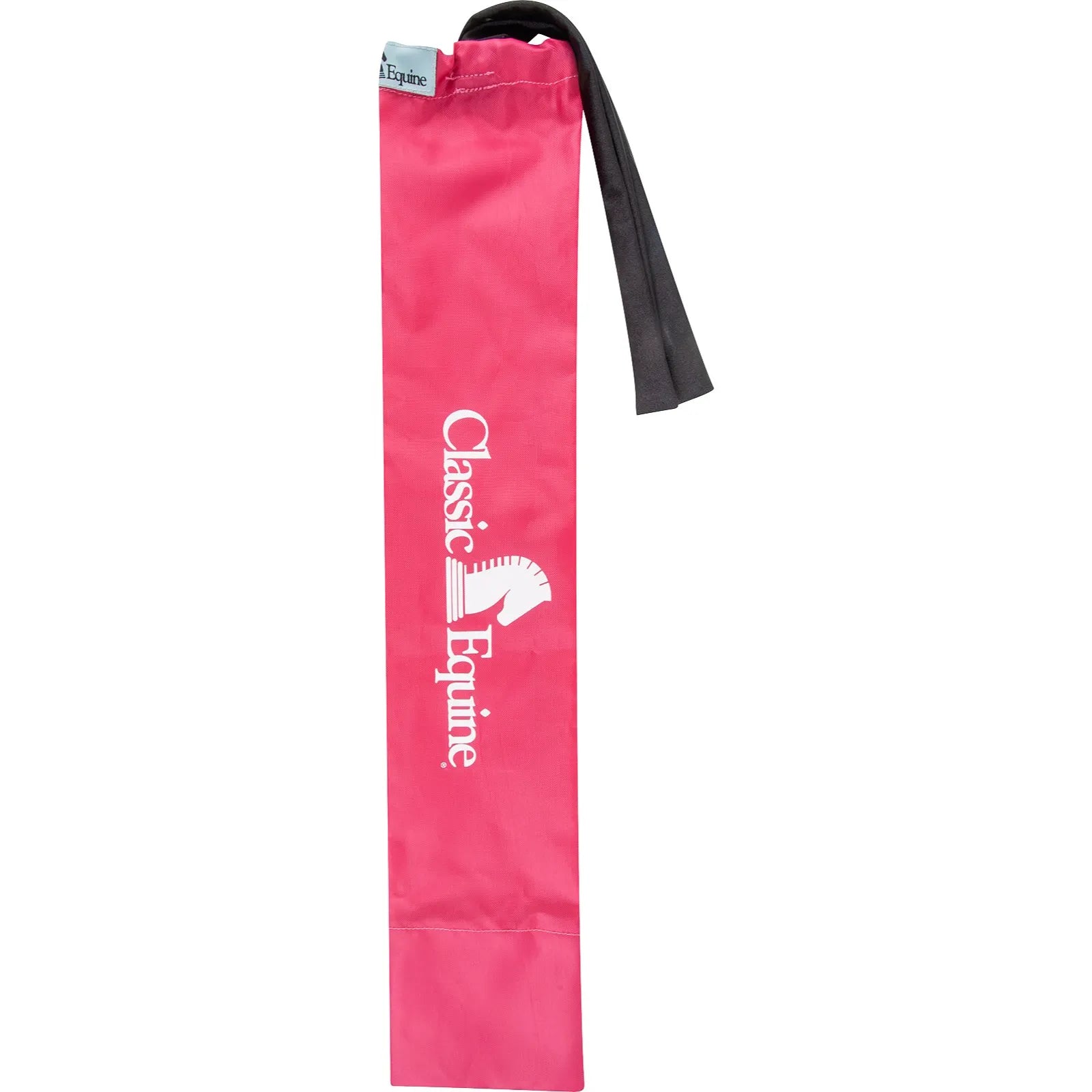 Classic Equine Slick Tail Bag in bright pink, designed for ultimate horse tail protection. This long, durable nylon bag features a white Classic Equine logo with a horse head emblem and a black tie-closure at the top. Perfect for keeping your horse’s tail clean, healthy, and tangle-free for shows or daily grooming. A must-have equestrian accessory for any horse owner looking to maintain a long, beautiful tail.