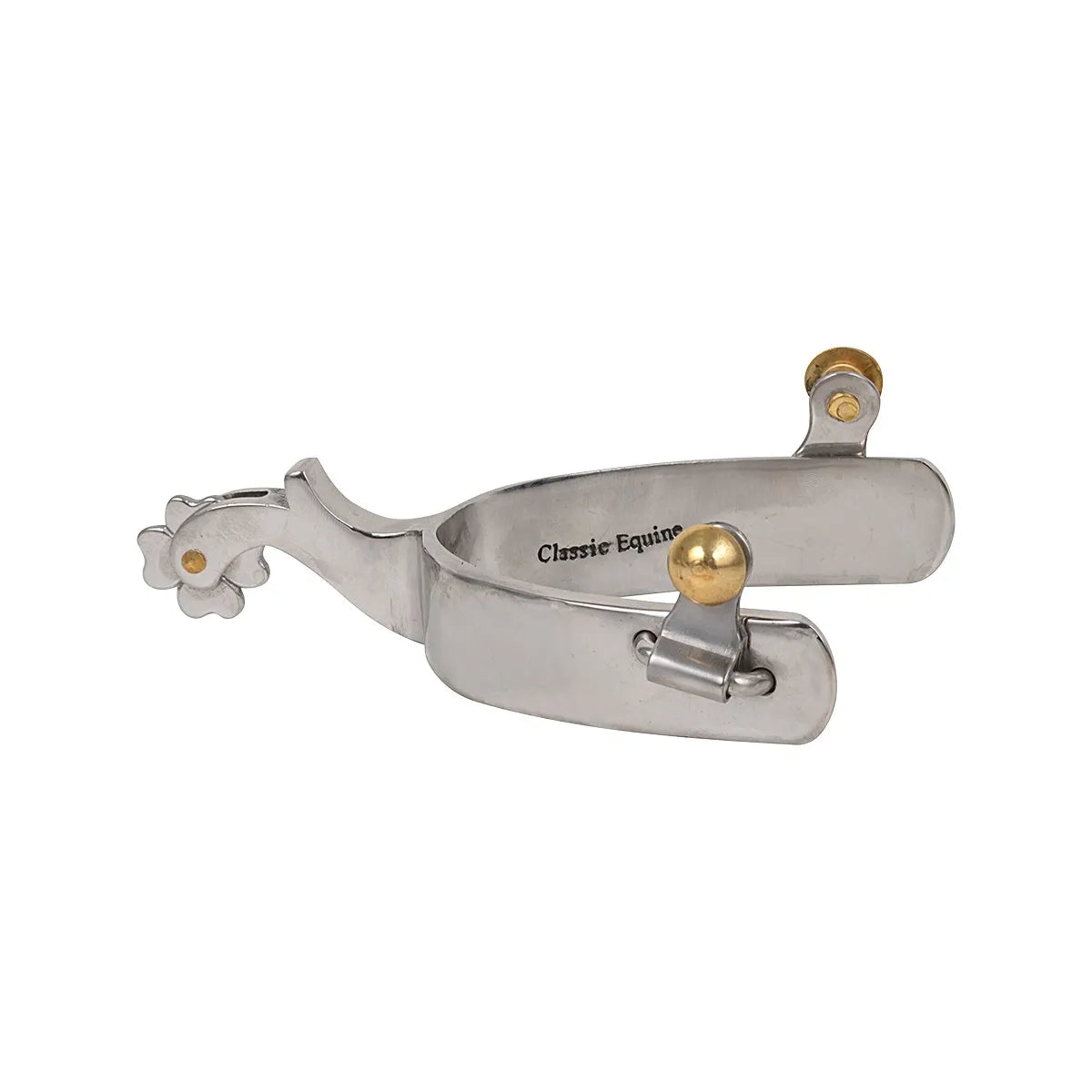 Classic Equine SS Clover 4pt Chap Guard Spur crafted from polished stainless steel. This durable western riding spur features a unique four-point flower clover rowel with brass accents and matching brass buttons. The design includes a protective chap guard and an engraved brand logo on the inner heel band, offering a secure fit and elegant style for equestrian performance and horse training.