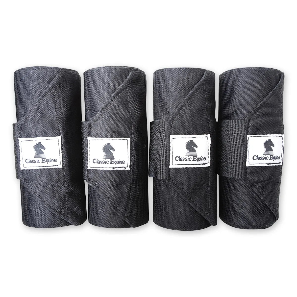 Set of four Classic Equine Black Standing Wrap Bandages designed for superior horse leg protection and support. These professional-grade equine stable wraps feature durable fabric, secure hook-and-loop closures, and the iconic white horse logo patch. Essential equestrian gear for stall use, hauling, or injury recovery. Keep your horse's legs safe and comfortable with these high-quality, breathable leg bandages.