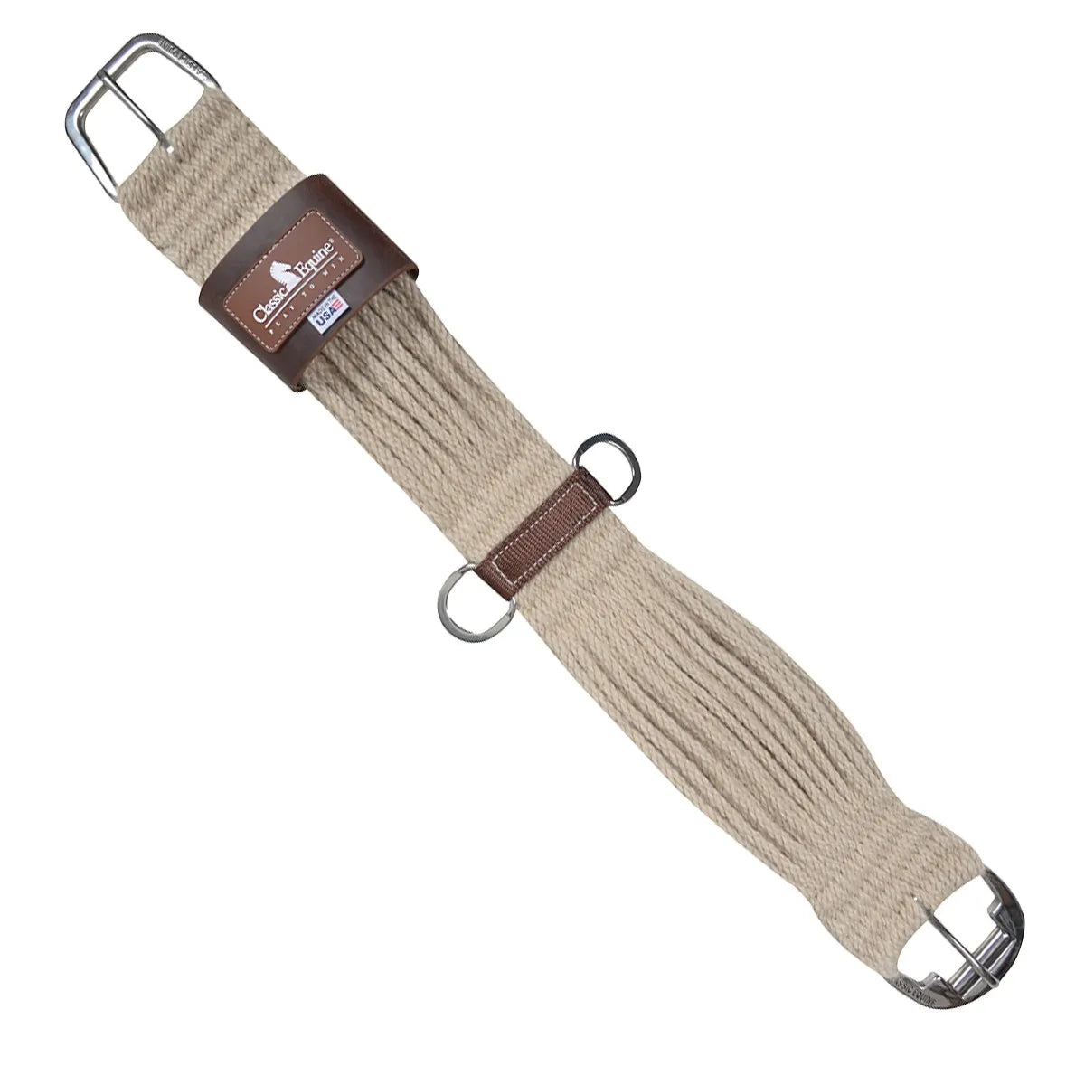 Classic Equine Straight Cinch featuring durable natural-colored mohair blend cords and premium dark brown leather accents. This high-quality western horse cinch includes heavy-duty stainless steel roller buckles and center D-rings for easy attachment of a breast collar. Designed for maximum equine comfort and breathability, this made-in-the-USA equestrian gear is essential for trail riding, ranch work, or competition.