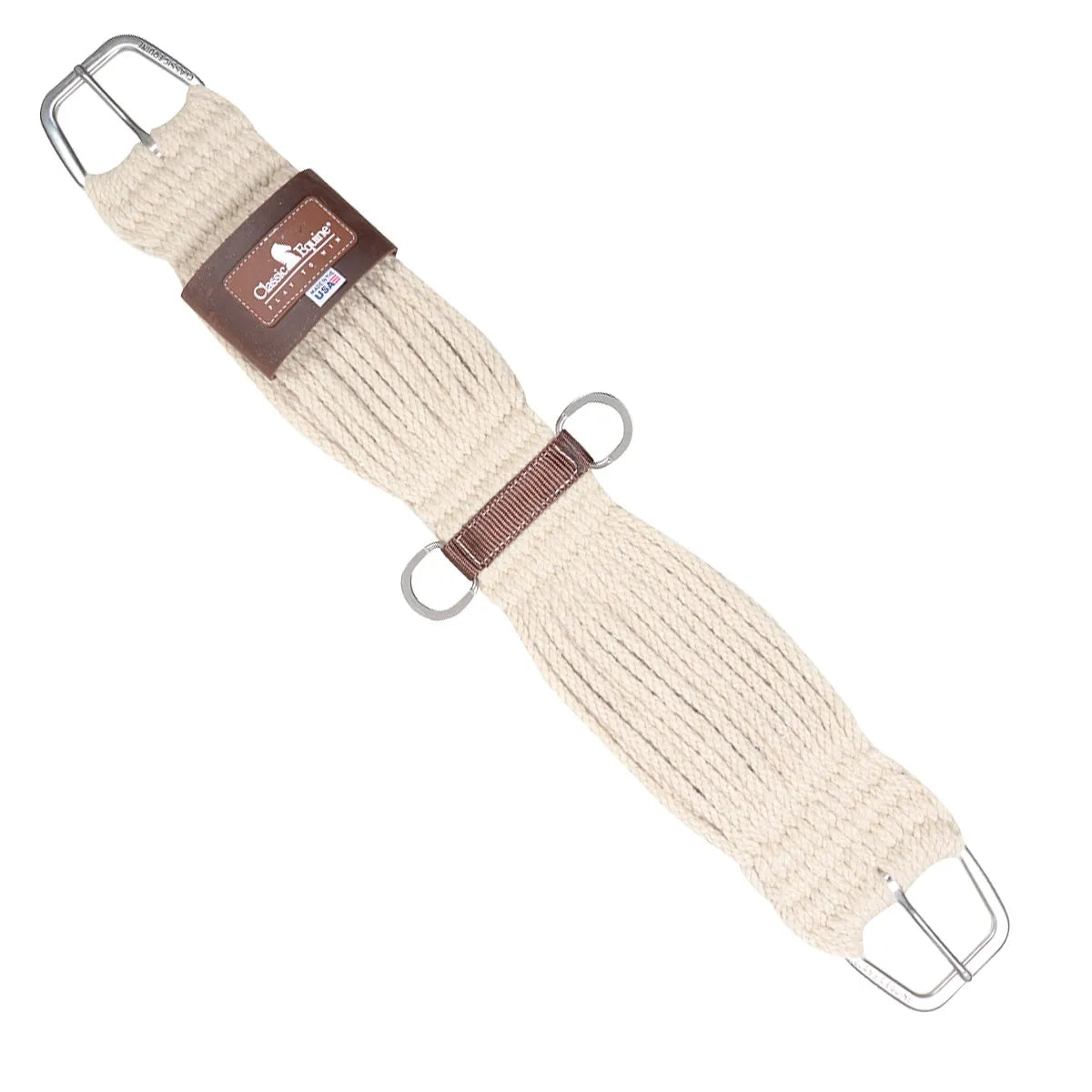 Classic Equine Straight Cinch featuring natural cream-colored cord and durable dark brown leather reinforcements. This high-quality western horse cinch includes heavy-duty stainless steel buckles and center D-rings for secure attachment. Designed for breathability and equine comfort, it’s the perfect addition to your western horse tack collection. Ideal for barrel racing, trail riding, or everyday performance. Premium American-made horse girth for a secure saddle fit.