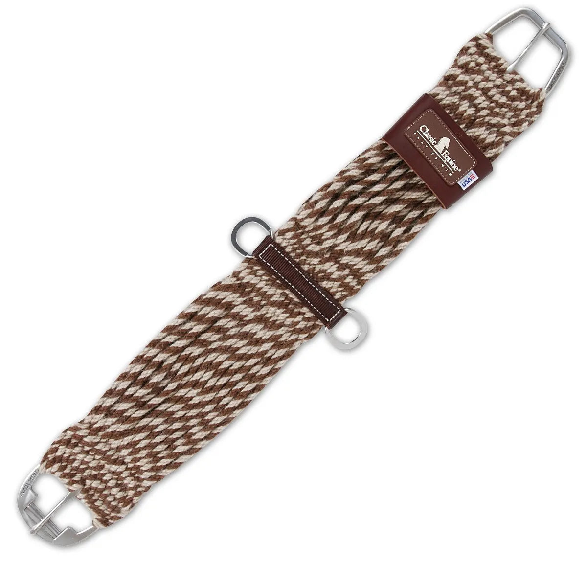 Classic Equine Straight Cinch featuring a brown and cream woven mohair blend for horse comfort and breathability. This durable Western horse cinch includes stainless steel roller buckles, center D-rings for attachments, and a signature leather logo plate. Ideal for equestrian performance and everyday riding, this premium equine cinch offers a secure fit and classic style for your horse tack collection. Made in the USA.
