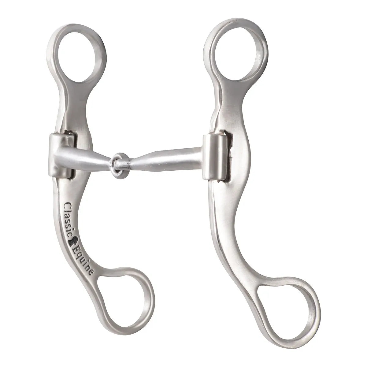 Classic Equine Straight Shank Bit featuring a 6-inch smooth jointed snaffle mouthpiece and polished stainless steel swept-back shanks. This gentle control leverage bit is designed for precise communication, making it ideal for Western riding and horse training. The durable, high-quality silver equestrian tack includes the Classic Equine logo etched on the shank for a professional finish. Perfect for riders seeking a mild, effective transition bit.