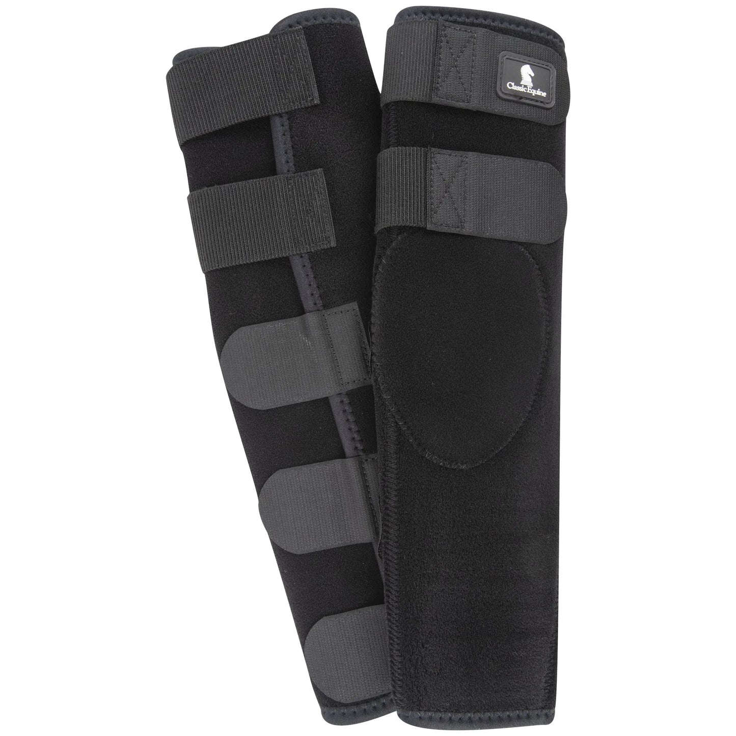 Classic Equine Stud Breeding Boots in black, providing essential stallion knee protection and comfort. These durable horse boots feature soft, high-quality fabric and multiple adjustable hook-and-loop straps for a secure, custom fit. Designed to prevent abrasions and injuries during breeding sessions, they are a must-have for professional stallion management and horse safety. High-performance equestrian gear for leg protection.