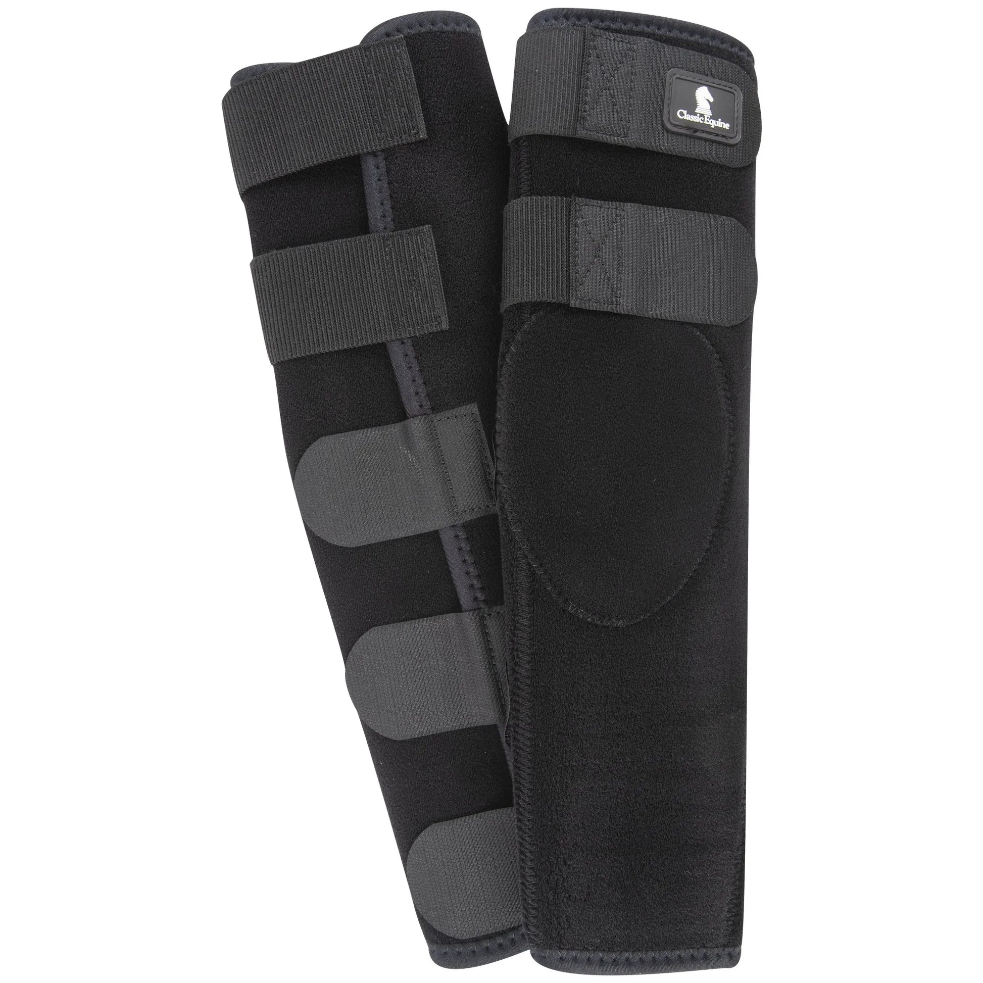 Classic Equine Stud Breeding Boots in black, providing essential stallion knee protection and comfort. These durable horse boots feature soft, high-quality fabric and multiple adjustable hook-and-loop straps for a secure, custom fit. Designed to prevent abrasions and injuries during breeding sessions, they are a must-have for professional stallion management and horse safety. High-performance equestrian gear for leg protection.