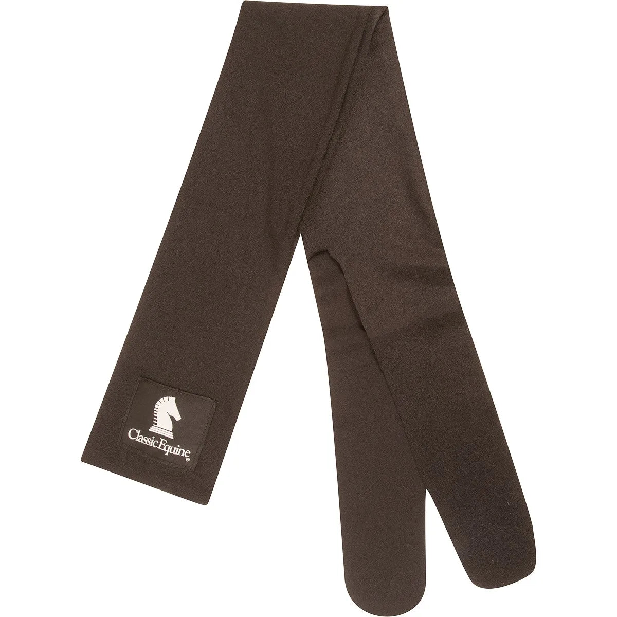 Classic Equine Tail Bag in rich chocolate brown. This essential horse grooming accessory features a three-tube design to keep horse tails clean, tangle-free, and protected from breakage. Crafted from soft, stretchy lycra fabric, it includes a white Classic Equine logo patch for a professional look. Perfect for horse shows or daily tail protection to promote healthy hair growth and maintenance.