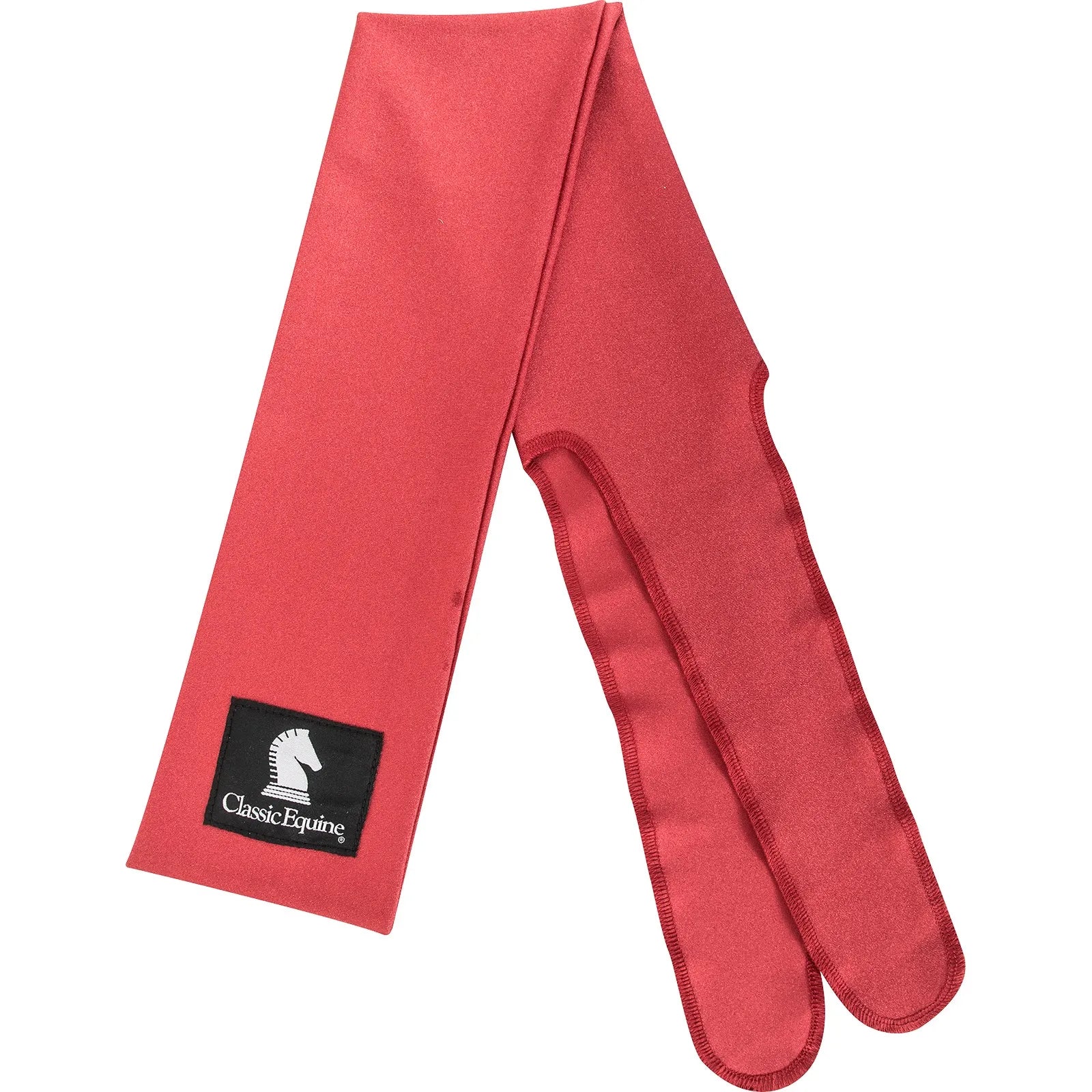 Classic Equine Red Lycra Tail Bag for horse grooming and protection. This vibrant red tail bag features a three-tube design to keep horse tail braids neat, clean, and snag-free. Made from stretchy, high-quality fabric with a black Classic Equine logo patch. Ideal for horse shows, travel, and daily pasture use to promote healthy tail growth and prevent breakage.