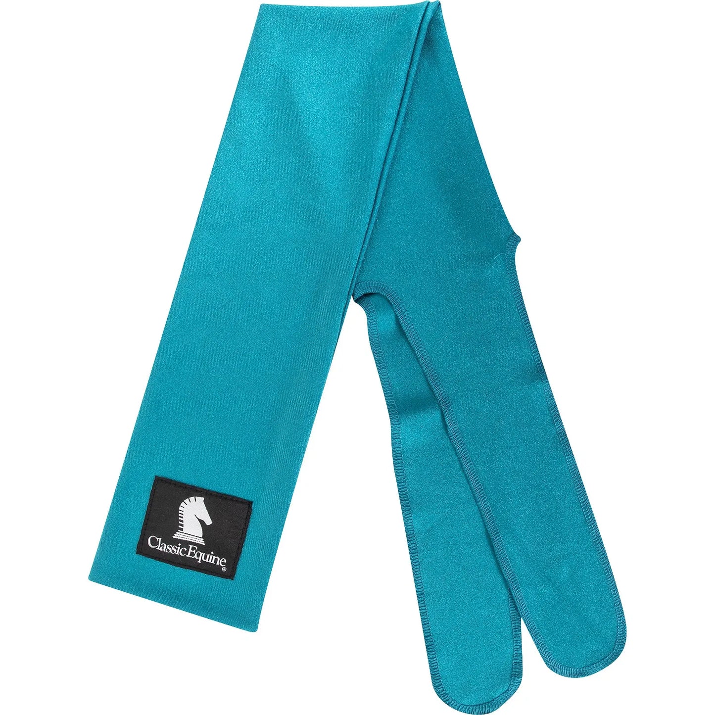 Classic Equine Tail Bag in vibrant teal turquoise. This durable, stretchy Lycra horse tail wrap is designed to protect hair from dirt, breakage, and tangles. It features a three-tube design for easy braiding and a secure fit, finished with the Classic Equine logo patch. A must-have equestrian grooming accessory for keeping your horse’s tail clean and show-ready.