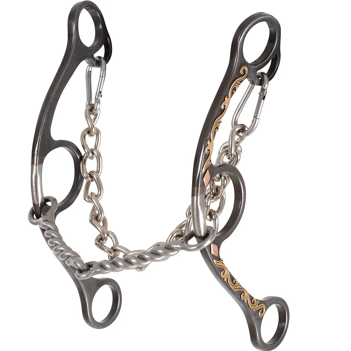 Classic Equine Twisted Wire Diamond Long Shank Gag Bit with a 5 1/8 inch mouth. This western horse bit features dark steel long shanks adorned with elegant gold floral scrollwork and copper diamond accents. Designed with a twisted wire mouthpiece and an adjustable stainless steel curb chain for refined control and leverage. High-quality equestrian tack ideal for barrel racing, training, and performance horses.
