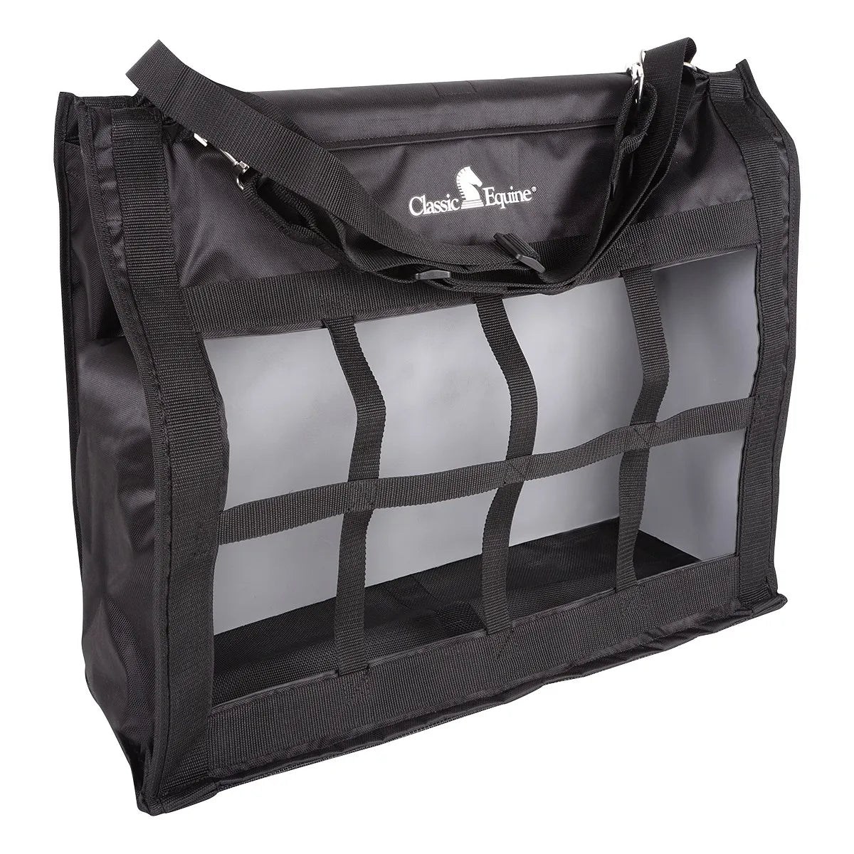 Classic Equine black heavy-duty slow feeder hay bag for horses. Featuring a waste-reducing nylon webbing grid front, adjustable top straps for easy hanging, and a durable design ideal for stalls or horse trailers. This Western-style hay bag helps prevent waste and keeps forage off the ground, making it perfect for travel and daily feeding.