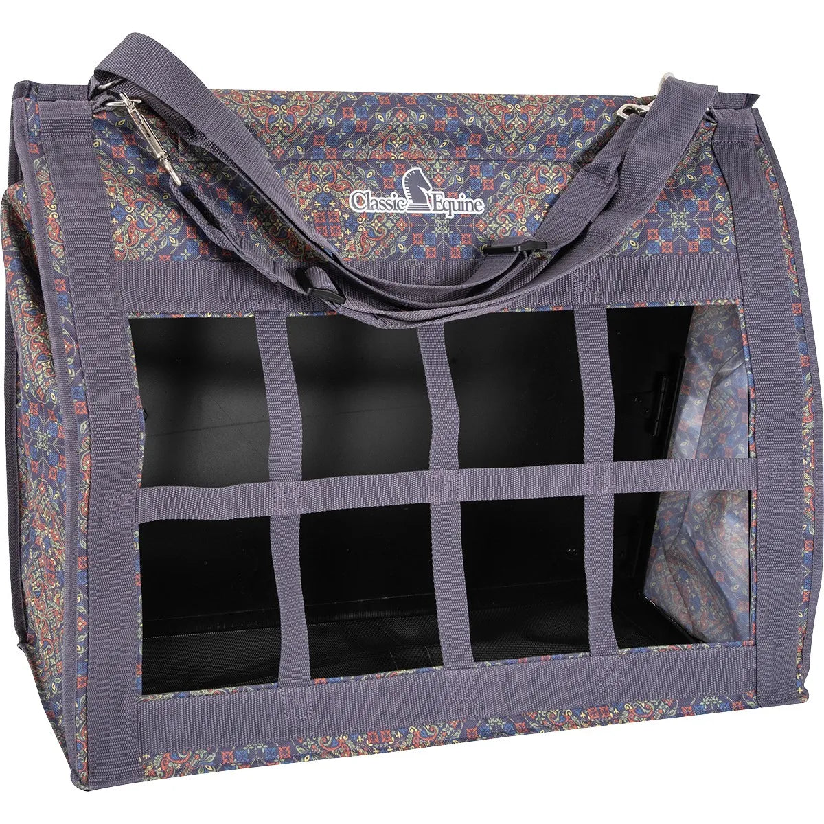 Durable Classic Equine Western Horse Hay Bag featuring a vibrant blue and red paisley print. This heavy-duty, waste-reducing slow feeder includes adjustable hanging straps with metal hardware and a sturdy webbed grid front to prevent forage waste. High-quality equine gear designed for horse stalls, trailers, or travel, combining stylish western aesthetics with functional slow feeding for your horse.