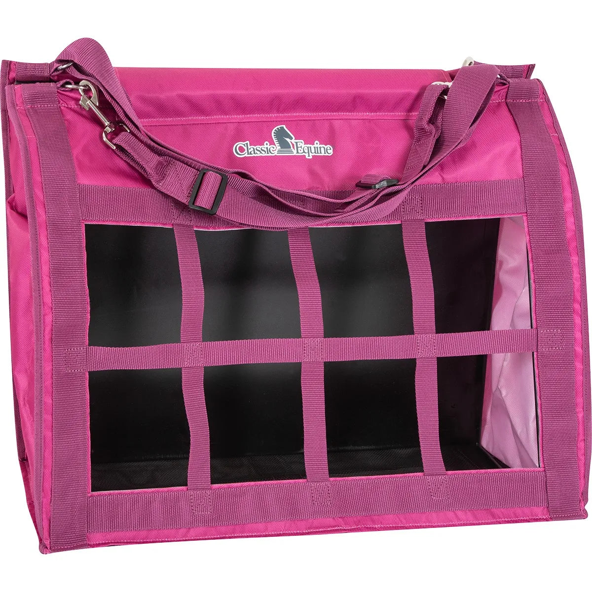 Classic Equine Western Horse Hay Bag in vibrant pink and purple. This heavy-duty, waste-reducing hay feeder features a durable front webbing grid and adjustable top strap with a metal snap for easy hanging in stalls or trailers. A must-have equestrian accessory to keep forage secure and minimize mess. Ideal for horse travel or daily use, this stylish pink hay bag combines high-quality nylon construction with functional design for long-lasting performance.