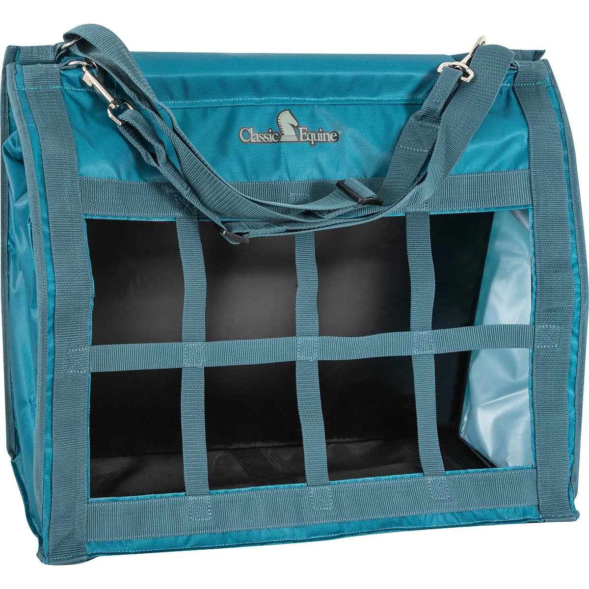 Classic Equine Western Horse Hay Bag in vibrant teal, featuring a heavy-duty, waste-reducing webbed front for slow feeding. This durable equestrian feeder includes adjustable top straps with metal swivel snaps for secure hanging in stalls or horse trailers. Perfect for minimizing hay waste and keeping horses occupied, this high-quality horse gear combines functionality with a stylish design for professional and hobbyist riders.