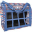 Classic Equine Western Horse Hay Bag featuring a vibrant Southwest Navajo pattern and durable blue webbing. This heavy-duty, waste-reducing slow feeder hay bag has large webbed openings to keep hay contained and minimize mess. Includes adjustable hanging straps and metal snaps, ideal for horse trailers, shows, and barn use. Stylish and practical equestrian gear designed for healthy, efficient feeding.