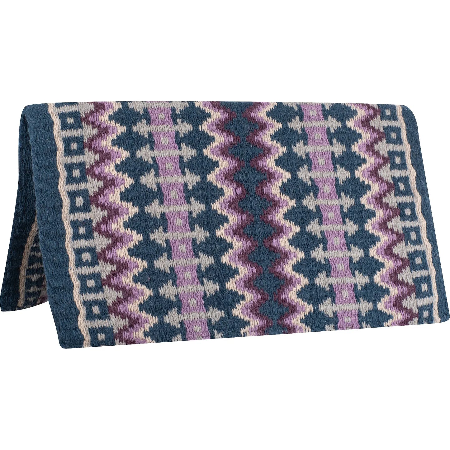 Classic Equine Western Show Saddle Blanket in Coffee Blue, featuring an intricate hand-woven wool design with Navajo-inspired zigzag and geometric patterns in navy, lavender, and tan. This premium USA-made horse blanket is designed for both style and durability, making it an ideal choice for the show ring or daily western riding. High-quality equestrian gear perfect for performance horses and western pleasure riders.