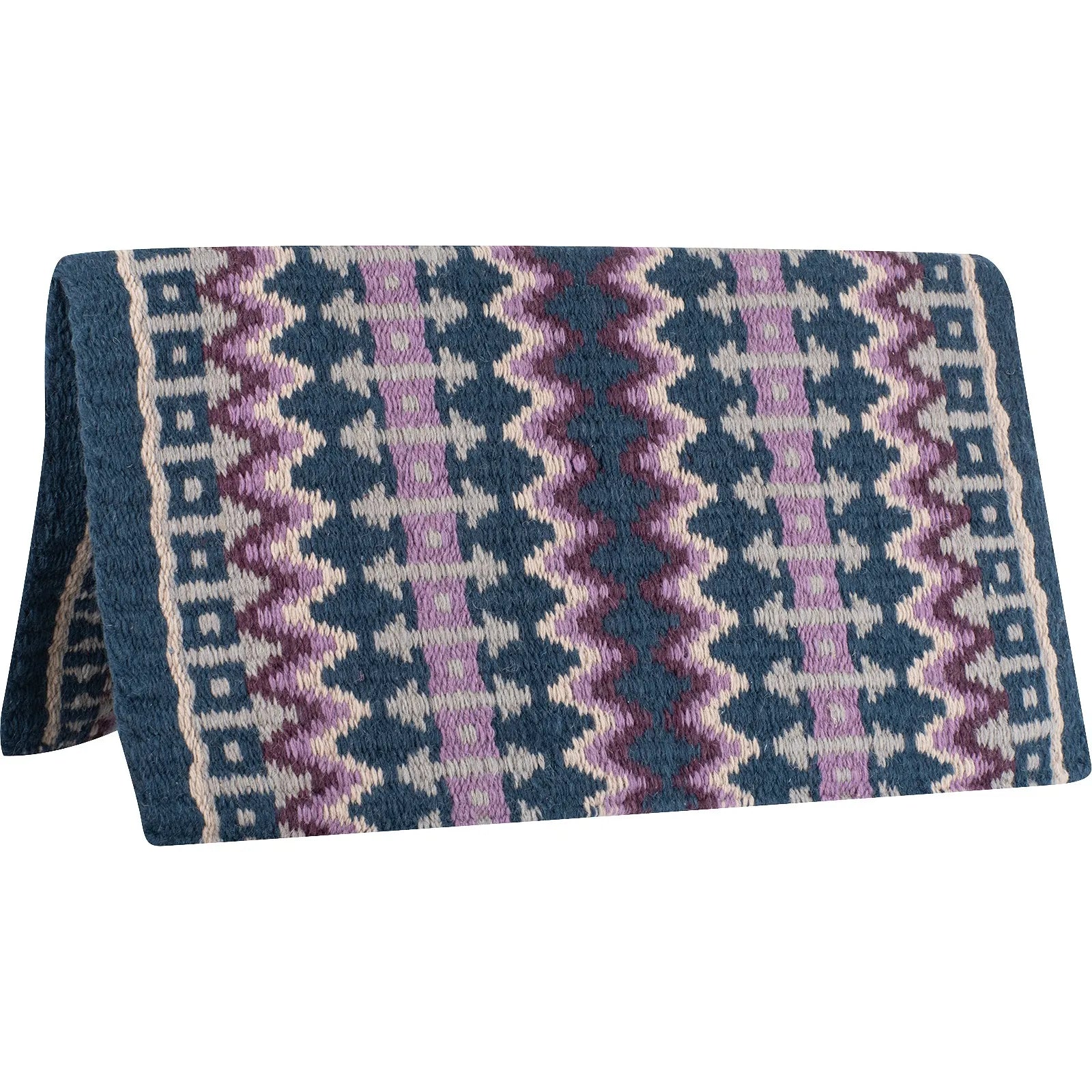Classic Equine Western Show Saddle Blanket in Coffee Blue, featuring an intricate hand-woven wool design with Navajo-inspired zigzag and geometric patterns in navy, lavender, and tan. This premium USA-made horse blanket is designed for both style and durability, making it an ideal choice for the show ring or daily western riding. High-quality equestrian gear perfect for performance horses and western pleasure riders.