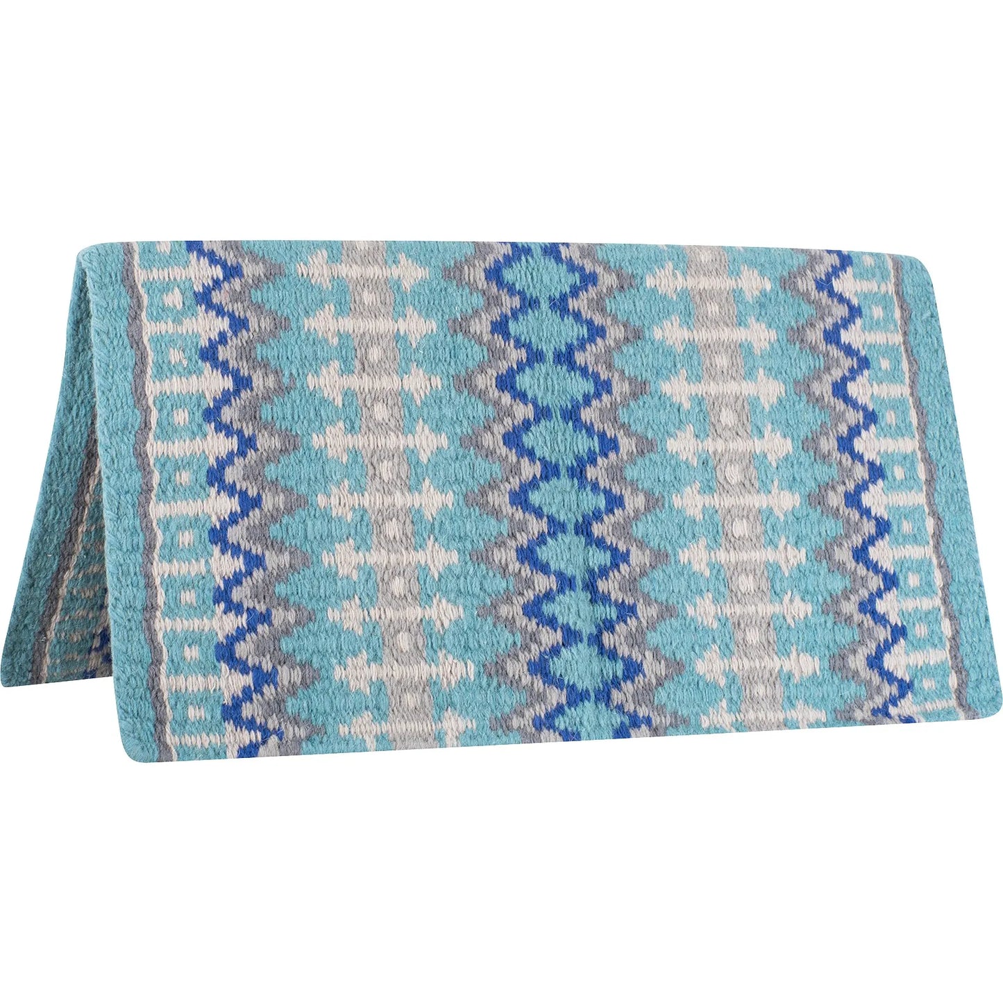 Classic Equine Western Show Saddle Blanket in Coffee Blue. This premium USA-made handwoven wool saddle pad features a vibrant geometric pattern with shades of turquoise, royal blue, white, and grey. Designed for durability and style, it’s the perfect horse tack accessory for western horse shows, ranch riding, and performance events. A high-quality, elegant addition to any rider's collection.