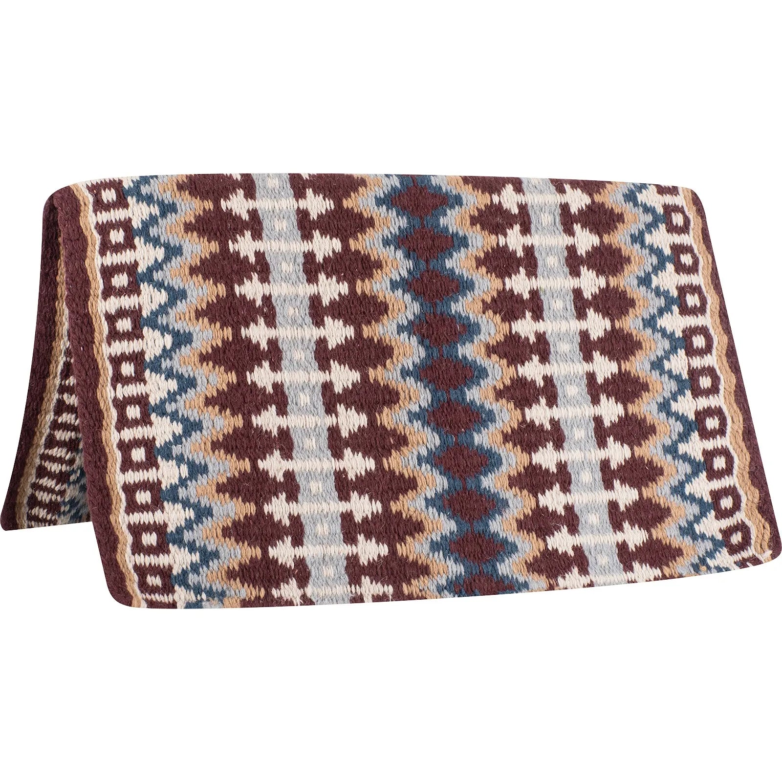 Classic Equine Western Show Saddle Blanket in Coffee Blue. This high-quality, USA-made woven wool saddle pad features a stunning southwestern geometric design with chocolate brown, light blue, and tan earth tones. Perfect for western pleasure, ranch riding, and horse shows, this durable and stylish horse blanket offers a professional look for any equestrian competition.